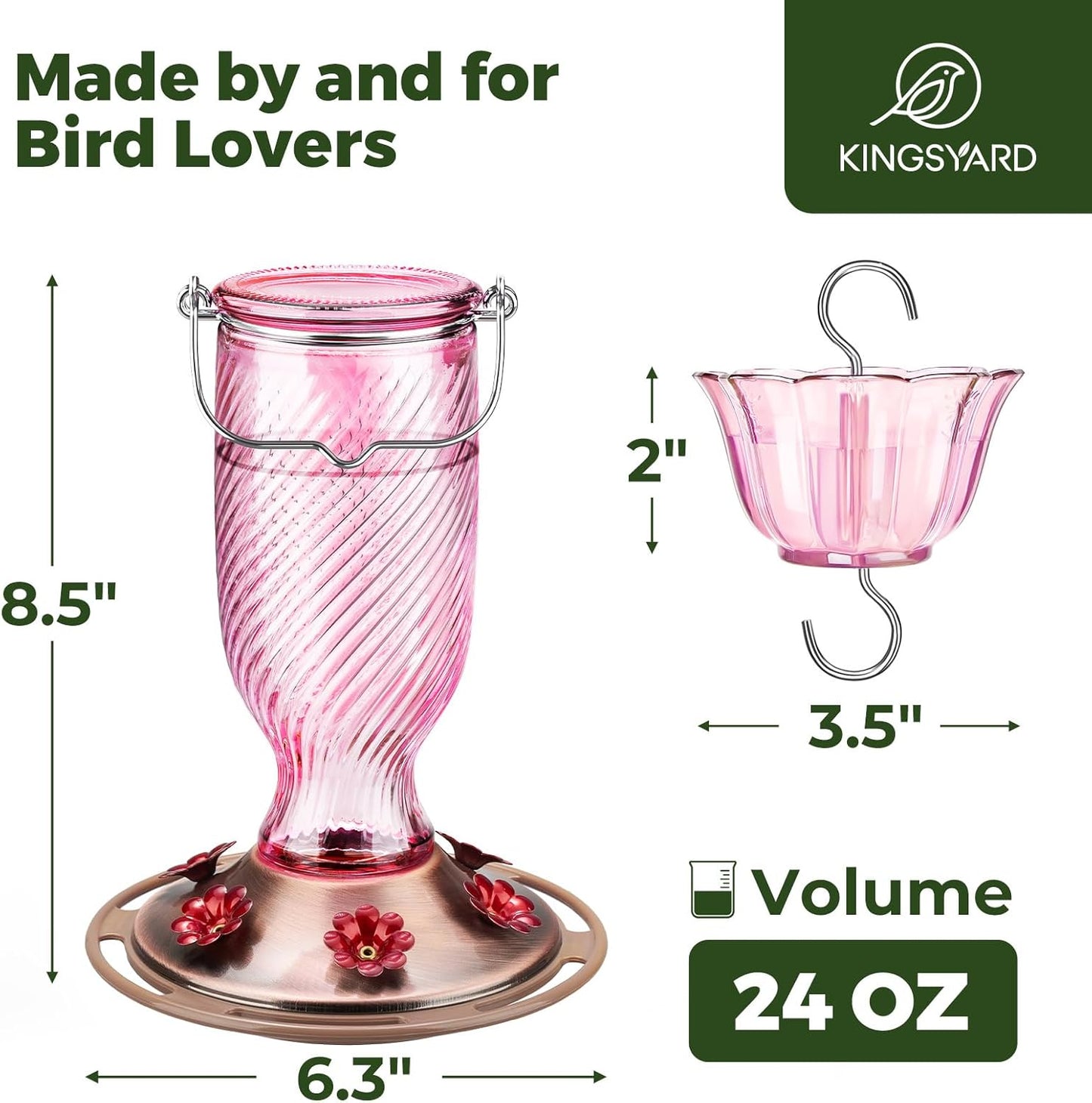 Kingsyard Glass Hummingbird Feeders for Outdoors, 24 oz Hummingbird Nectar Feeder for Outdoors Garden Yard D�cor, 6 Feeding Ports, Ant Moat Included, Easy to Clean & Refill, Pale Pink