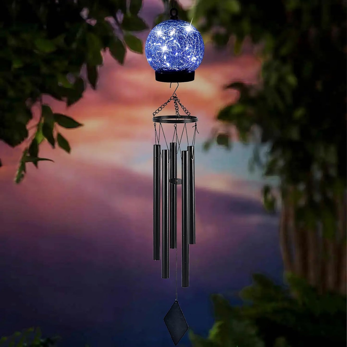 Garden Wind Chimes Outdoor, Solar Hanging Glass Ball Wind Chimes with 15 Blue LEDs 42 Inch Large with Unique Memorial Sympathy Wind Chime Outside Garden Decor as a Gift for Patio, Porch, Balcony