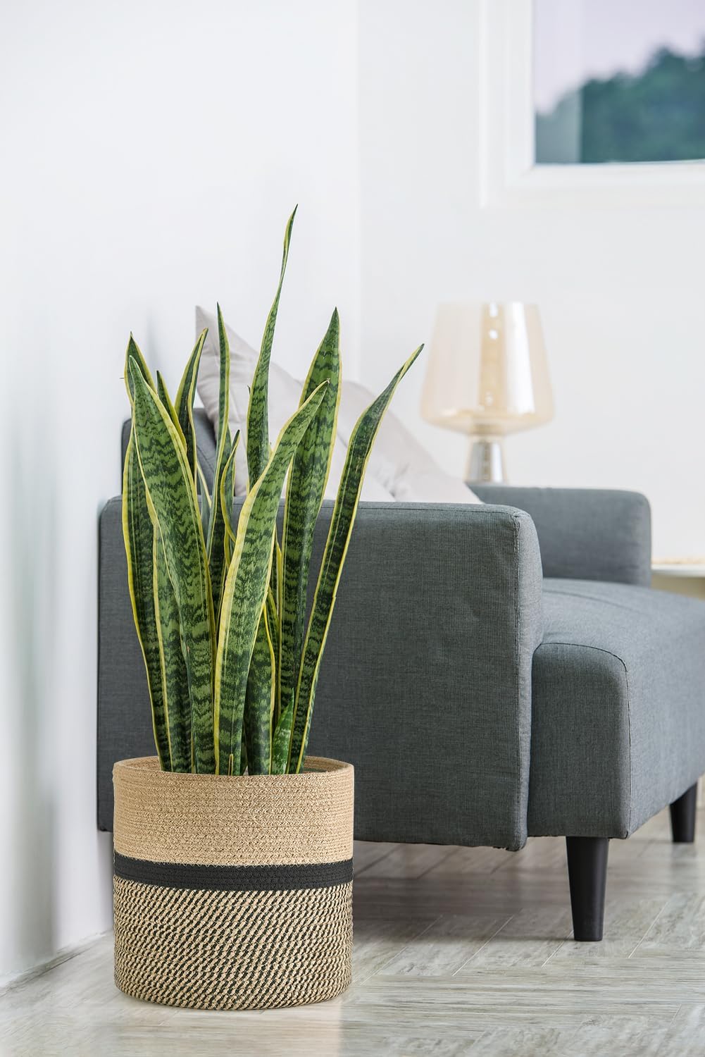 Dahey Jute Rope Plant Basket Modern Woven Storage Basket for 12" Indoor Planter, Decorative Flower Pots Cover Laundry Bin with Handle Rustic Home Decor, Black