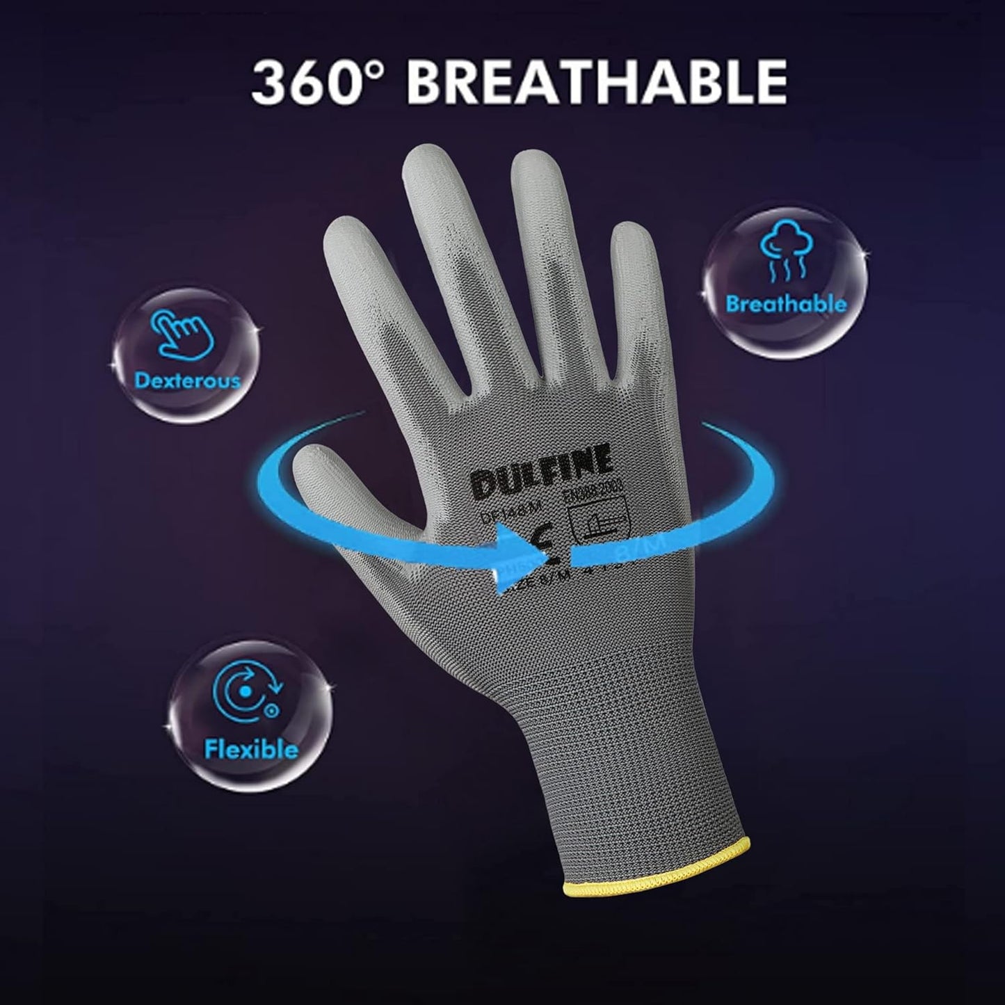 DULFINE Safety Work Gloves PU Coated-12 Pairs,Grey Seamless Knit Glove with Polyurethane Coated Smooth Grip on Palm & Fingers, for Men and Women, Ideal for General Duty Work (XX-Large)