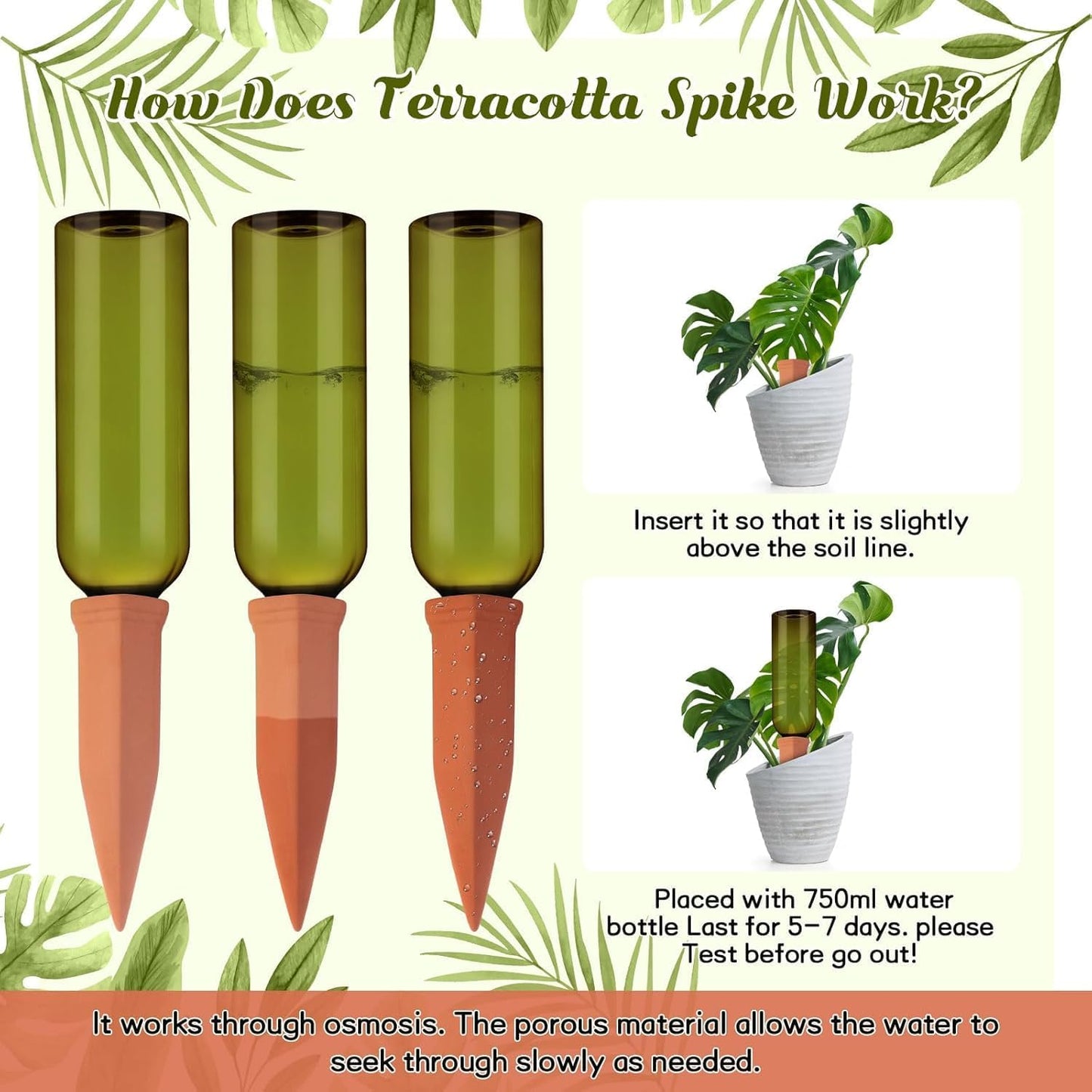 3 Sets Plant Watering Devices Include Terracotta Self Watering Spikes and 26 oz Plastic Bottles, Slow Release Vacation Insert Automatic Plant Waterer Device (Green and Terracotta)