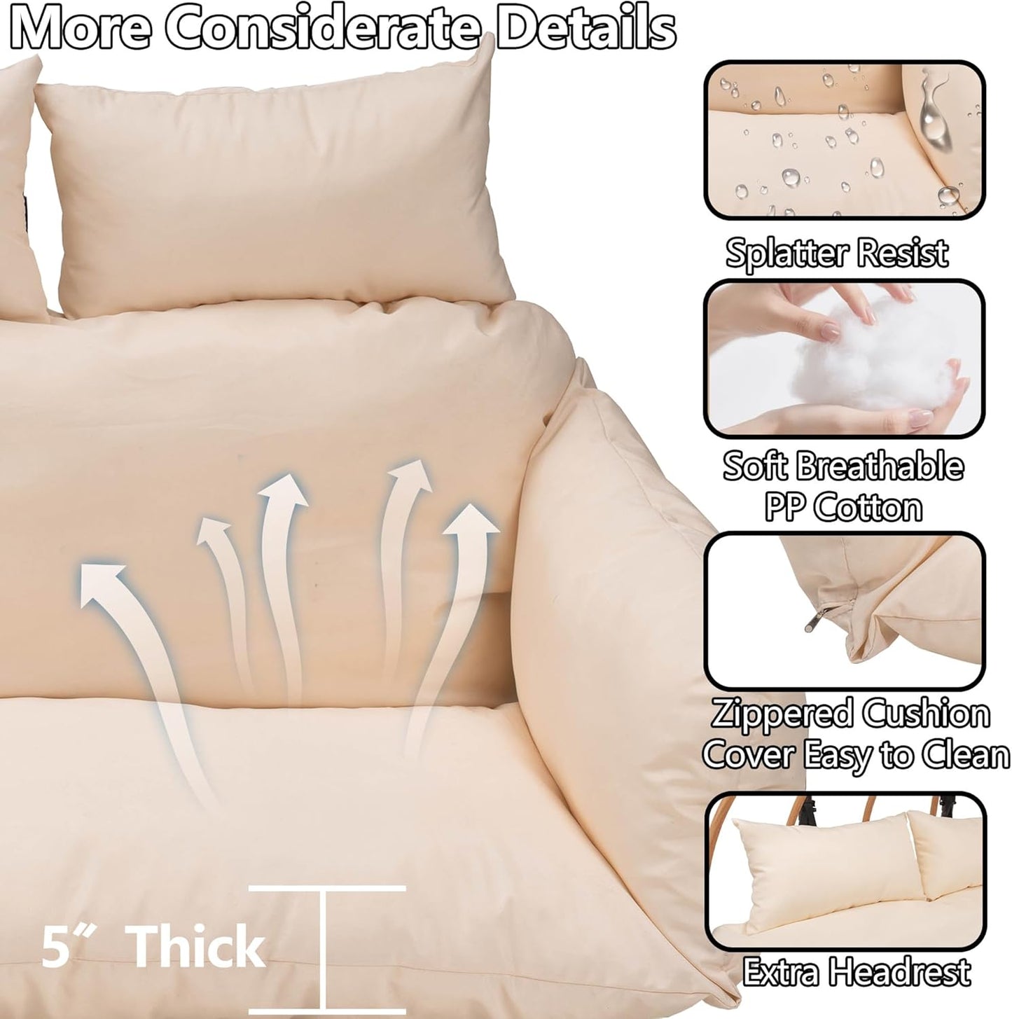 Hanging Chairs with Stand, All Weather Double Egg Chair Outdoor, Metal Hanging Egg Chairs Outdoor, 2 Person Oversized Swing Egg Chair, Modern Balcony Basket Loveseat for Indoor/Deck, Beige