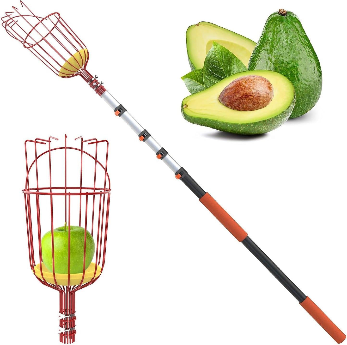 Buyplus 26ft High Reach Fruit Picker with Basket Telescoping, 5-20 Foot Heavy Duty Sturdy Aluminium Telescoping Extension Pole, Easy to Attach Twist-On Metal Basket for Picking Mango Avocado Lemon