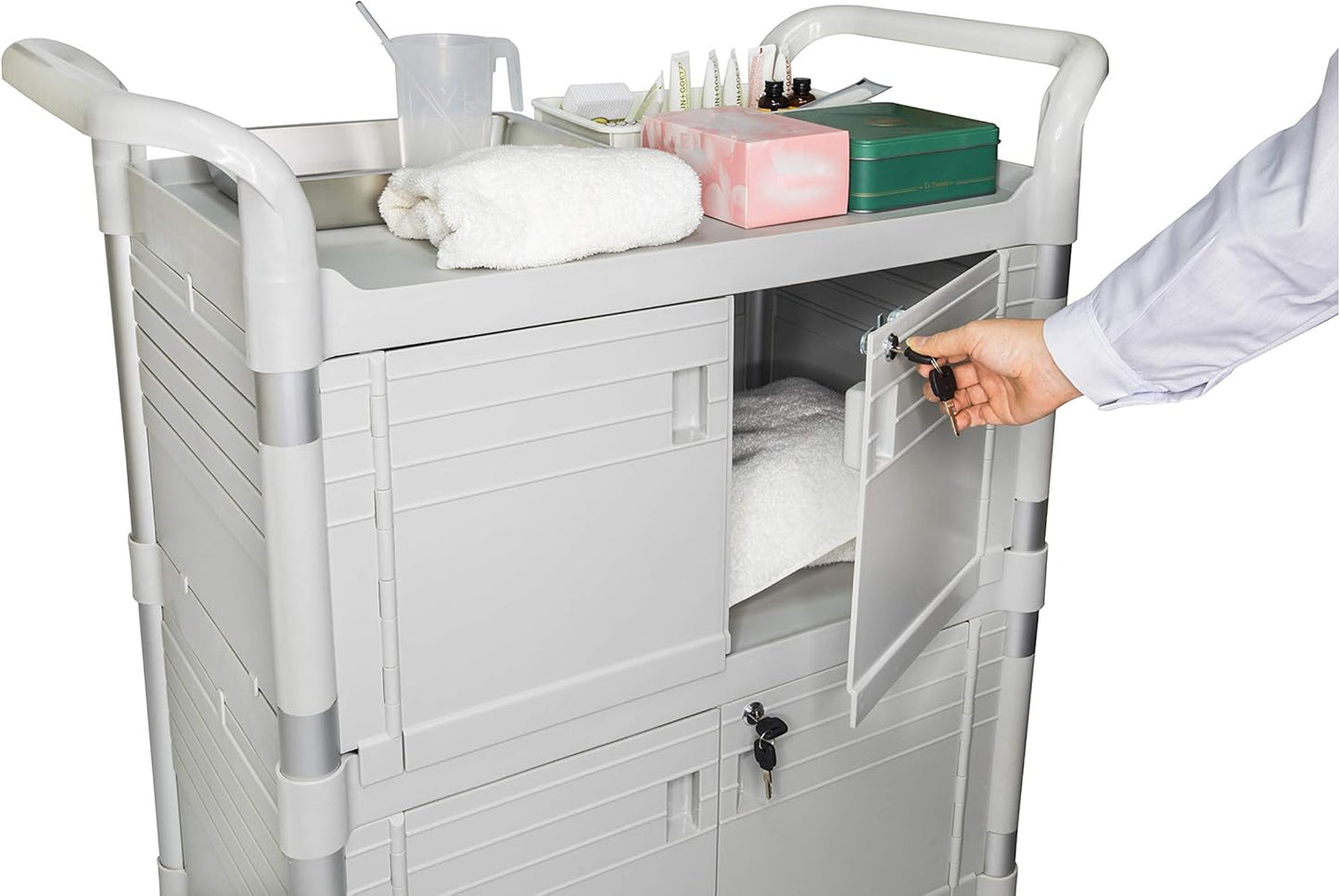 JaboEquip Large Lockable Medical Cart 3 Shelf Hospital Cart Overall Size L34.43xD19.69 inch, JBG-3D2, 606 lbs Load Cap. Off-White (Light Grey) Color
