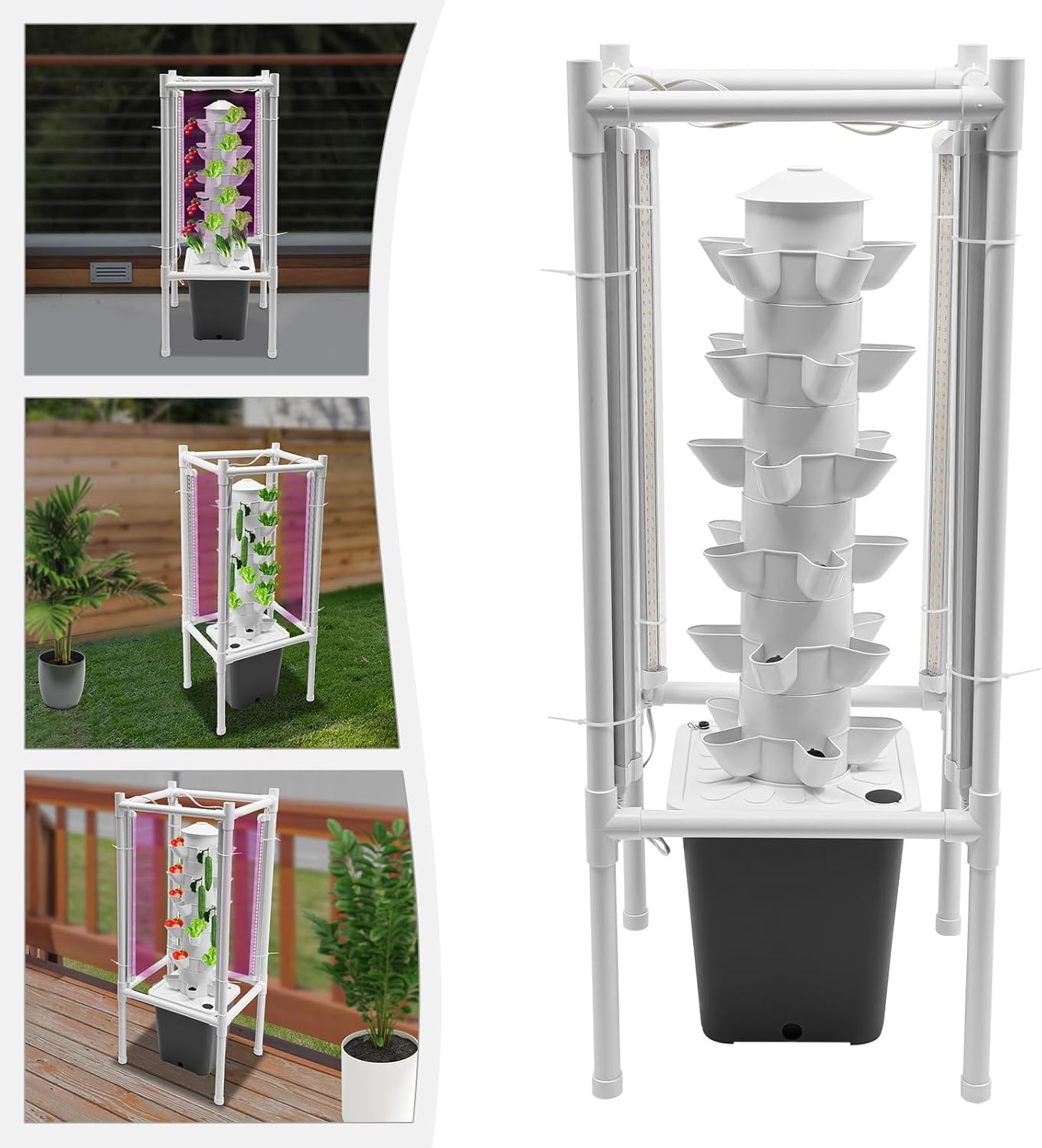 Hydroponics Tower Garden Vertical Growing System Kit, 30-Plant Indoor Gardening Planter Germination Kit with LED Grow Light & Water Pump for Herbs & Vegetables, 2.64Gal Grey Water Tank