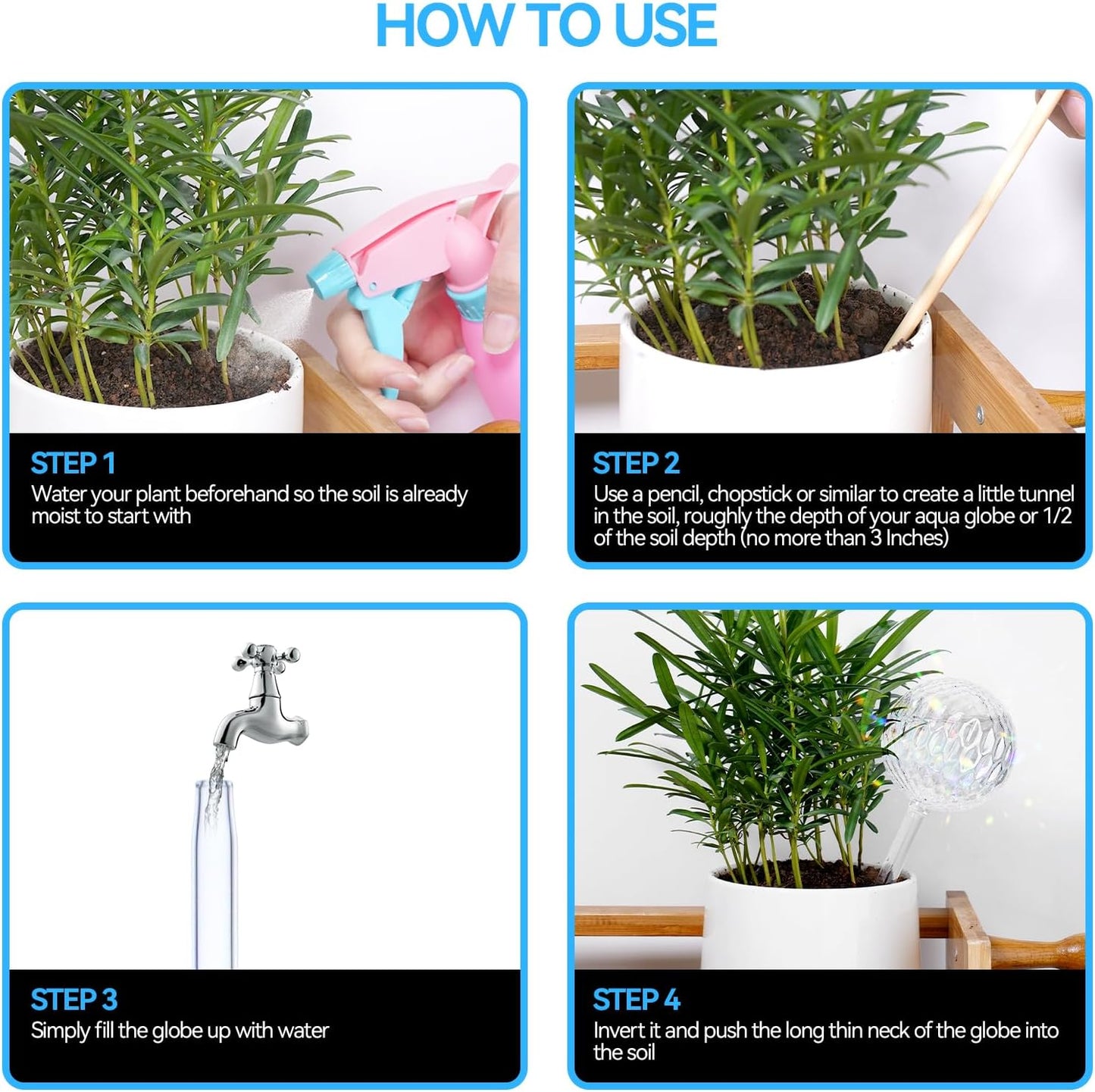 FLORA GUARD Plant Watering Globes, 4-PCS Iridescent Rainbow Glass Water Bulbs, Self Watering Planter Insert, Automatic Plant Waterer Bulbs Devices