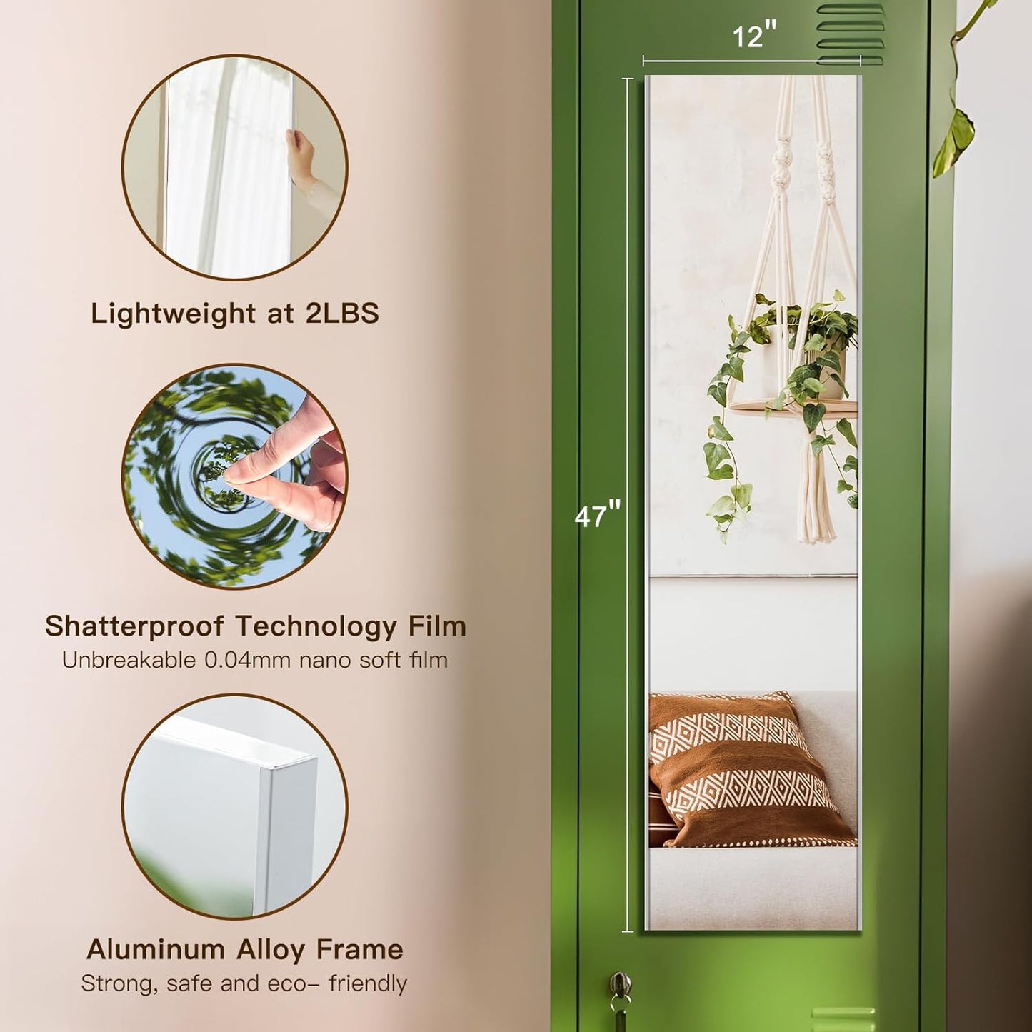 47"x12" Magnetic Mirror Lightweight Full-Length Mirror | Strong Adhesion, Easy Installation | Suitable for Refrigerators, Glass Walls, Wooden Doors, and More | 8.2kg Ultra-Strong Support | Silver