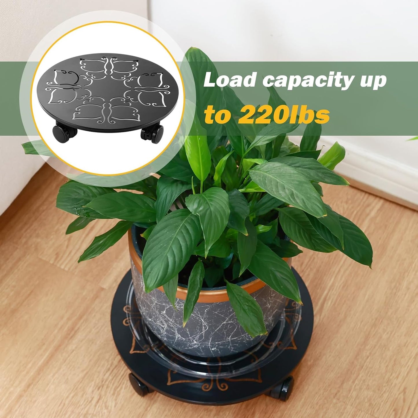 4 Packs 12 inches Large Metal Plant Caddy with Wheels Round Planter Dolly Pot Mover Rollers Wrought Iron Rolling Plant Stands Indoor Outdoor Wheeled Plant Holder Coaster Trolley, Butterfly, Black