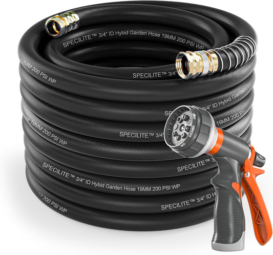 Garden Water Hose 100 ft x 3/4 in Heavy Duty, Flexible and Lightweight, Burst 600 psi, Kink-less Hybrid Rubber Pipe for Backyard, 3/4'' Brass Fittings, Black