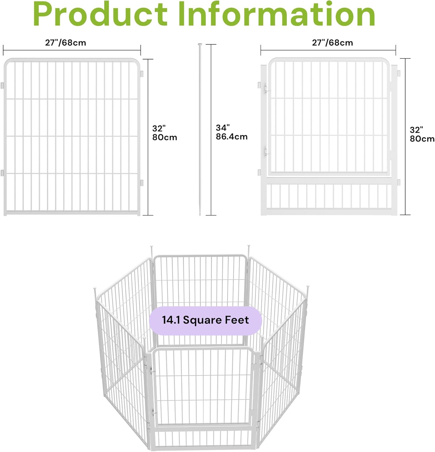 Garden Fence with Gate 32 in(H) x 13.4 ft(L) 6 Panels, Heavy Duty Metal Animal Barrier for Dog and Rabbit, Outdoor Fencing, Easy Set Up, White