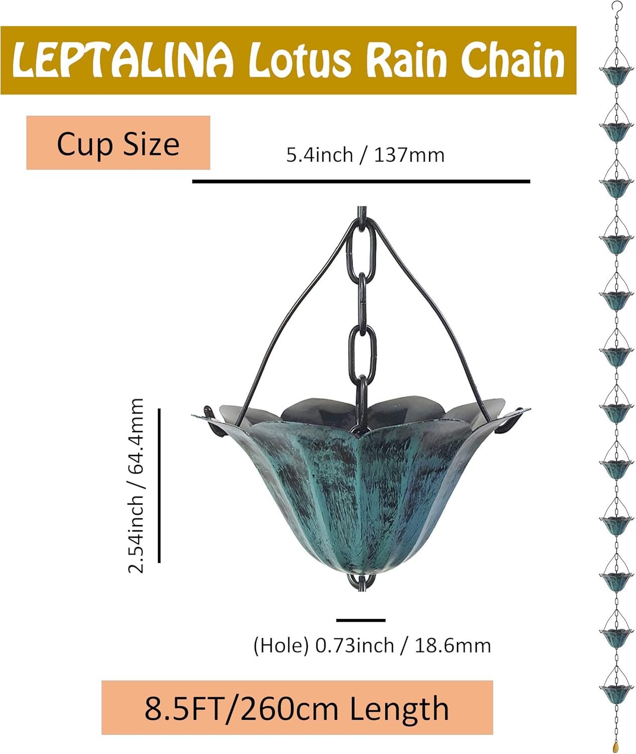 8.5FT Lotus Antique Blue Color Iron Rain Chains for Gutter and Rain Barrel, Rust-Resistant Plated Garden Décor Rain Chain for Downspout, Bonus Rain Chain Gutter Adapter