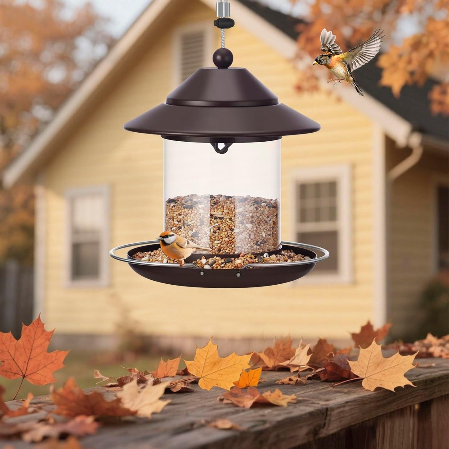 Bird Feeders for Outdoors, Hanging Metal Roof Bird Feeder with 2LB Clear Tube Seed Capacity for Viewing Cardinal Finch, Wild Birdfeeders for Outside Garden Yard Decoration