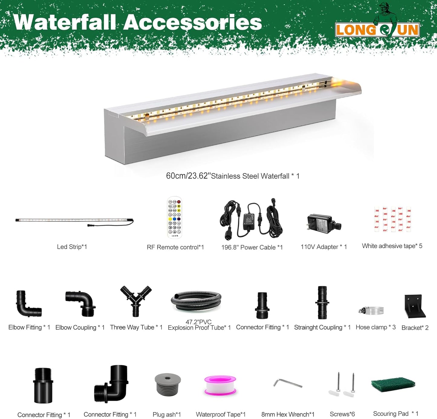 LONGRUN Waterfall Pool Fountain, Updated 5.9'' Wider Open Lip Stainless Steel Waterfall Spillway, Decorative Water Feature for Swimming Pools, Koi Ponds, Spa & Garden - 23.6''