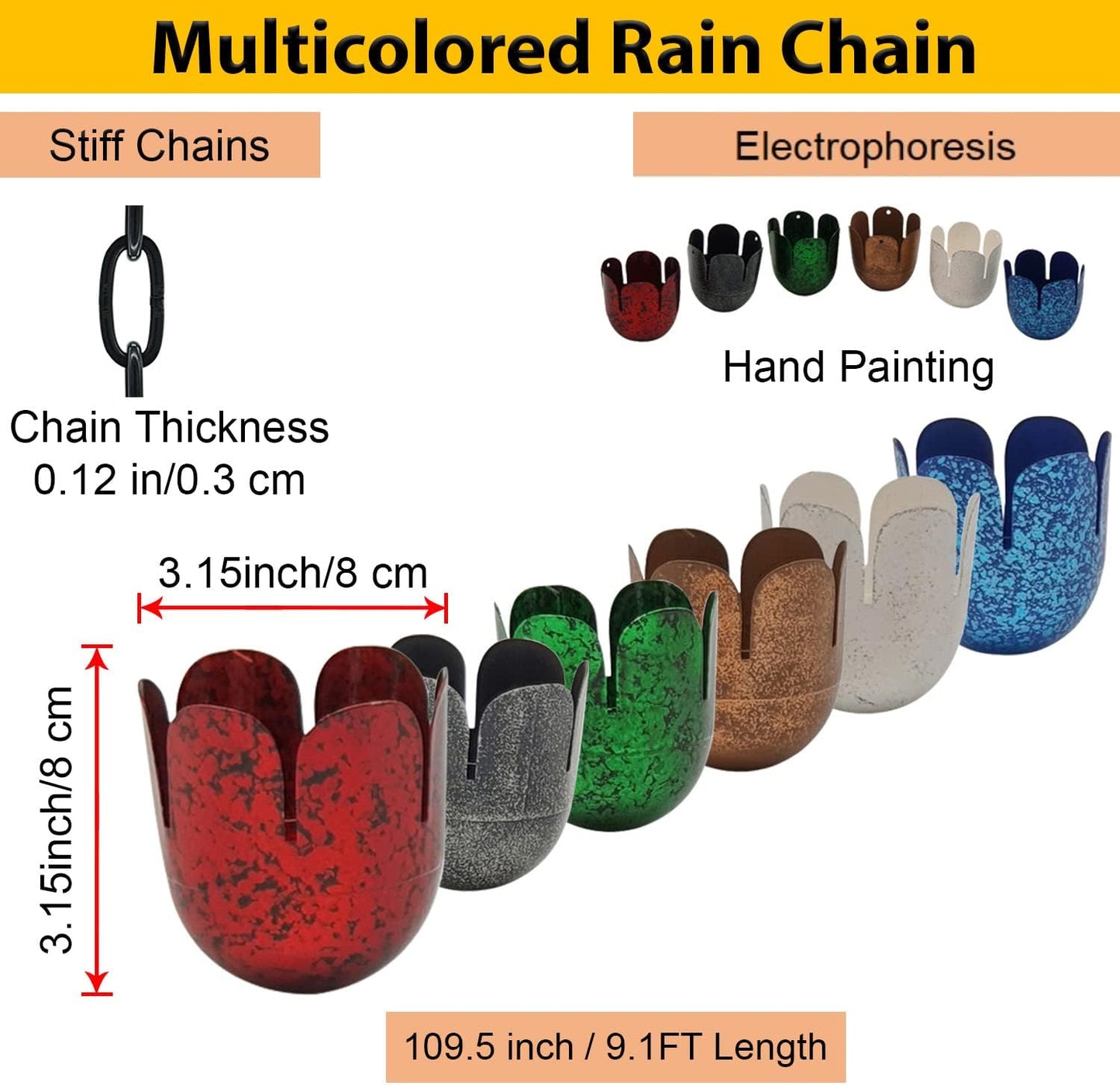8.5FT Multicolor Rain Chains for Gutter and Rain Barrel, Rust-Resistant Plated Iron Rain Chain, Decorative and Functional Replacement for Downspouts or Gutters, W/Gutter Adapter (2 x 6color Cups)