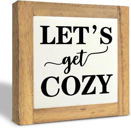 Inspirational Wood Signs, Box Wood Plaques Desk Décor, Farmhouse Home Decor Sign for Shelf, Family Table Decor for Kitchen Bedroom Dining Room, Living Room Decor, Housewarming Gift, Let's Get Cozy D