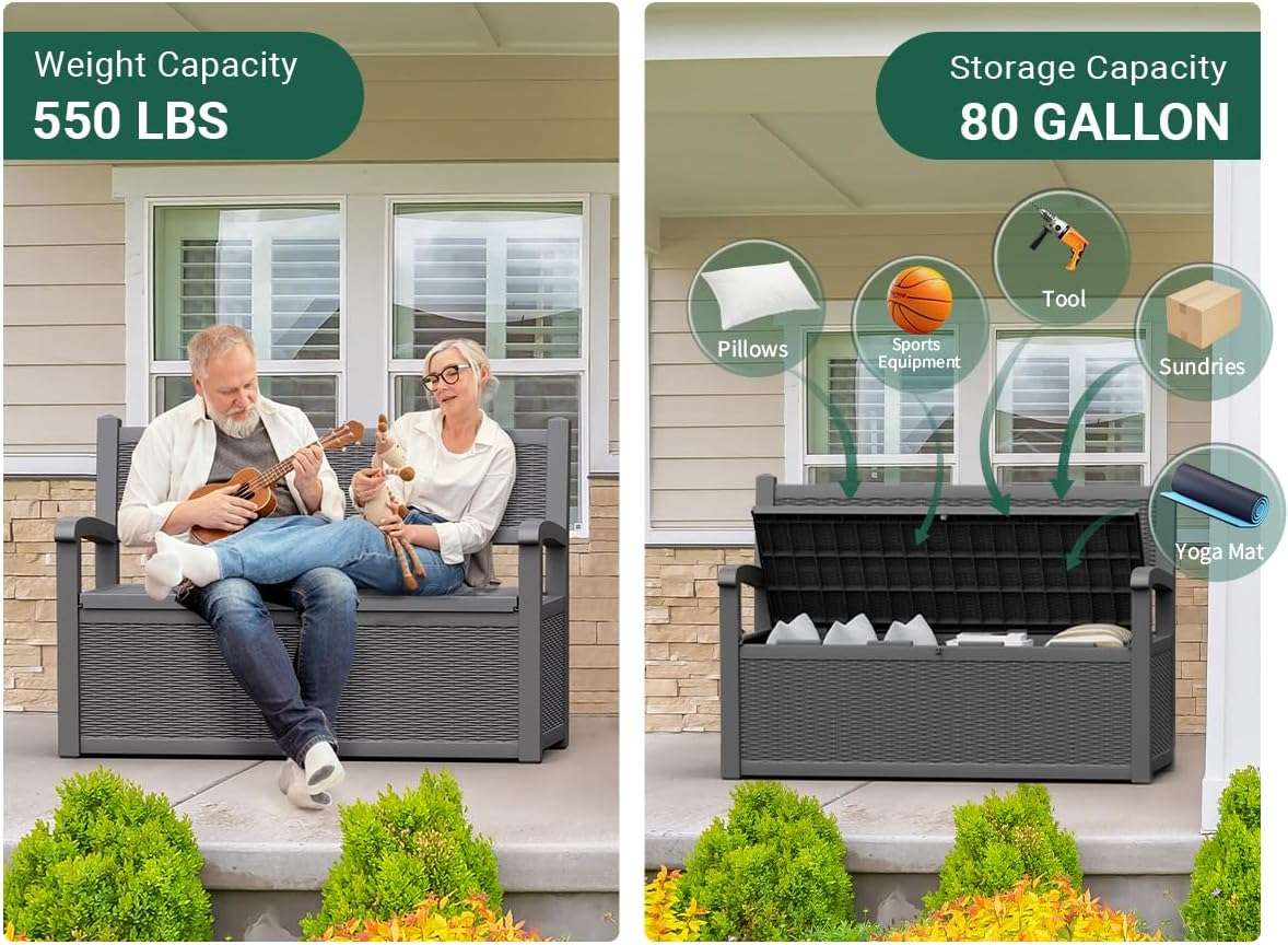 80 Gallon Outdoor Storage Box, Resin Patio Furniture with Armrest, Lockable Deck Box with Waterproof and UV Resistant for Patio Cushions, Garden Tools and Pool Supplies, Grey