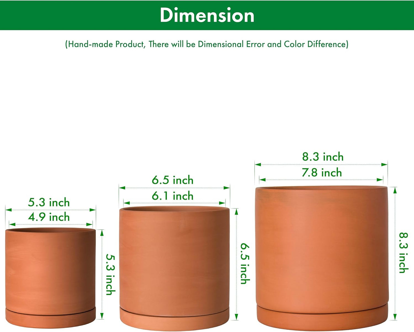 D'vine Dev Terracotta Pots for Plants, 5.3 Inch 6.5 Inch 8.3 Inch, Round Cylinder Planter Pot with Drainage and Saucer, 40-T-B-0