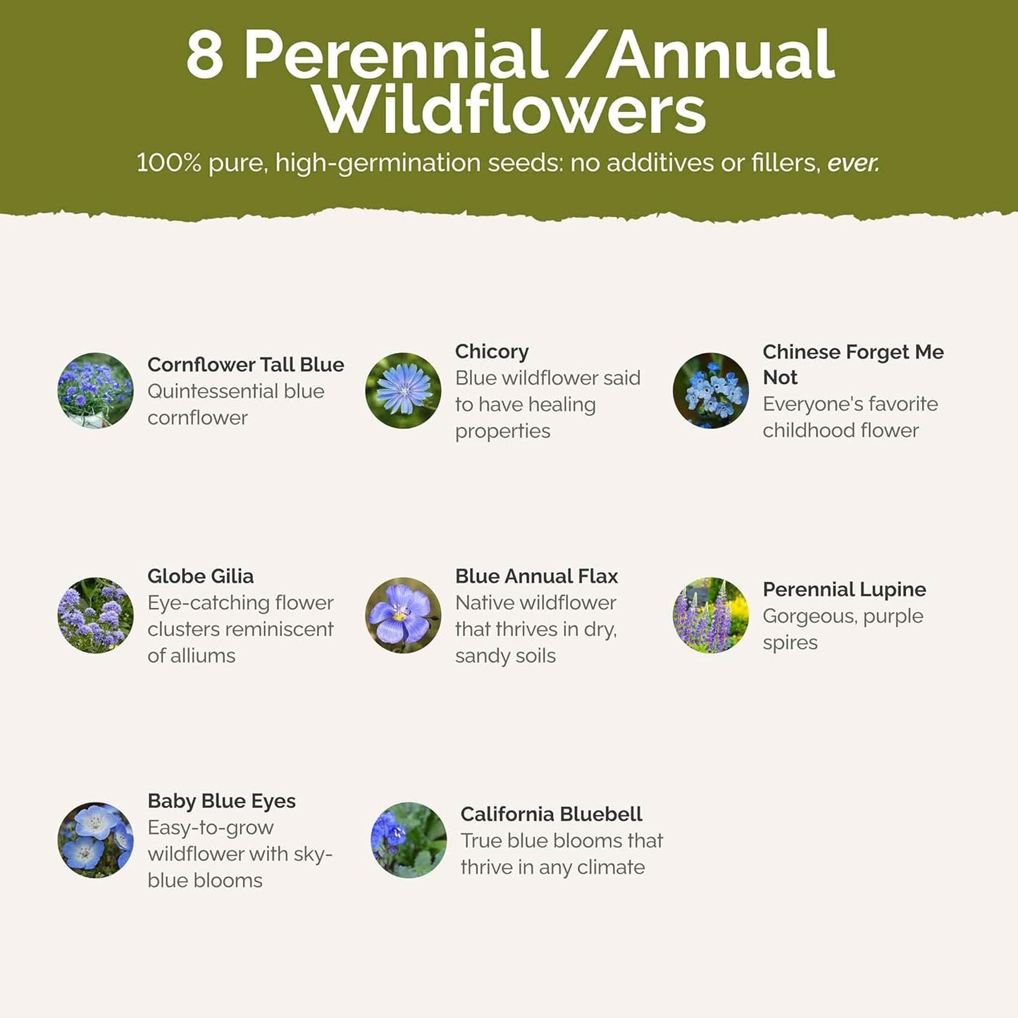 Eden Brothers Singin the Blues Wildflower Mixed Seeds for Planting, 5 lb, 2,400,000+ Seeds with Blue Flax, Lupine, Chicory, Attracts Pollinators, Plant in Spring or Fall, Zones 3, 4, 5, 6, 7, 8, 9, 10