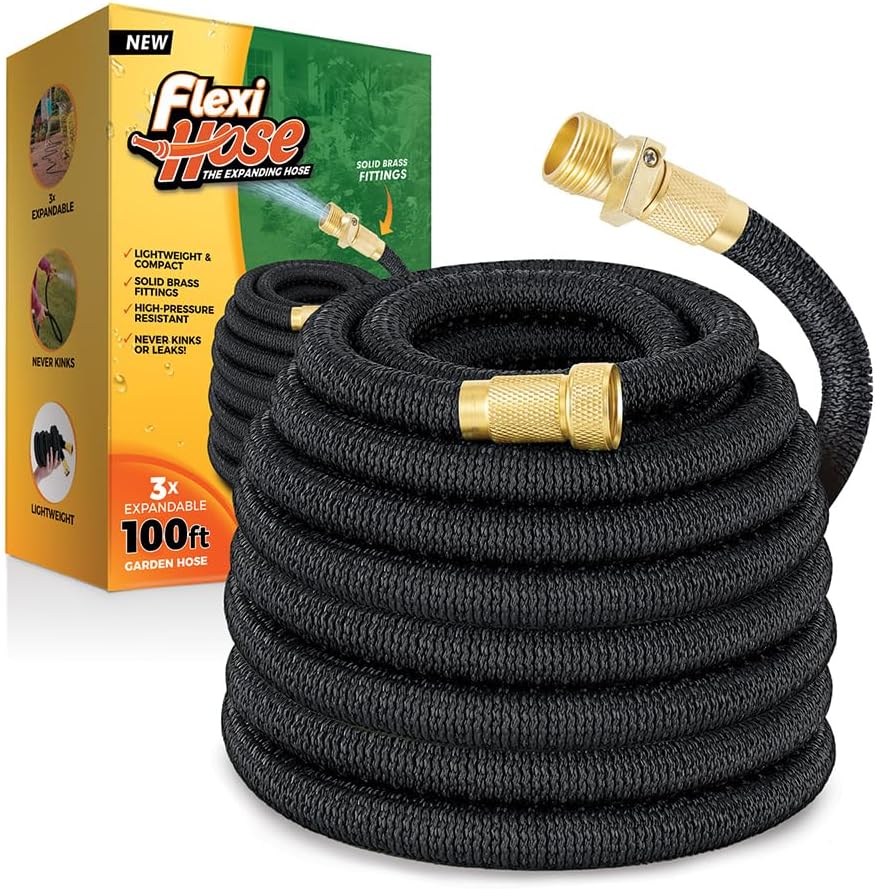 Flexi Hose Lightweight Expandable Garden Hose, No-Kink Flexibility, 3/4 Inch Solid Brass Fittings and Double Latex Core (100 FT, Black)