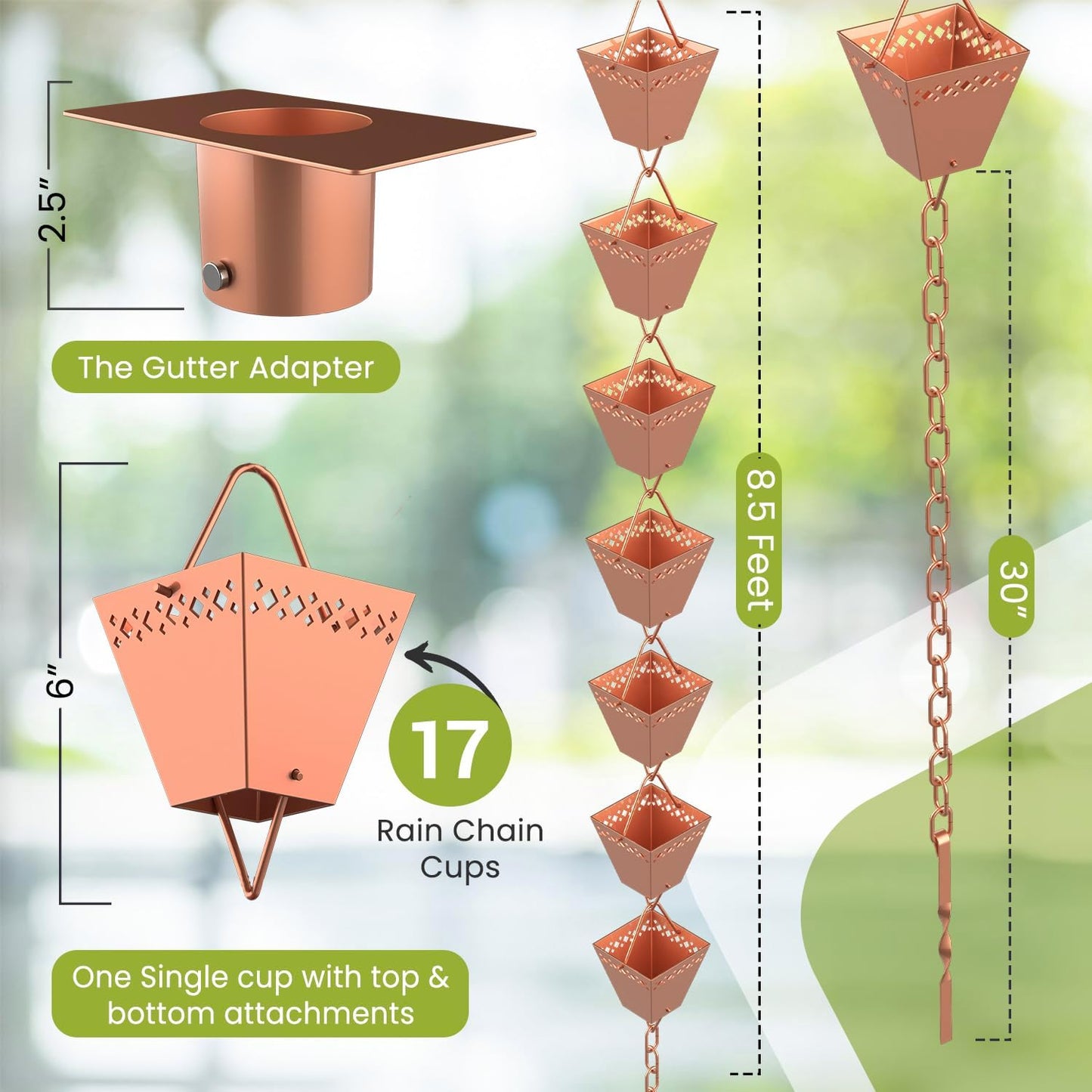 Rain Chain Kit w/Adapter & Extension | Copper Rain Chains for Gutters 10 ft | Rain Chain | Gutter Chain Downspout | Rain Chains for Outside | Rain Catcher | Rain Chimes
