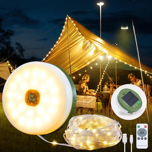Solar Camping String Lights, 4 in 1 Quick Storage 33FT Rechargeable Tent Lights with 8 Lighting Modes, Hanging Waterproof Portable Retractable LED Lamp for Outdoor, Patio, RV, Awning, Garden, Party