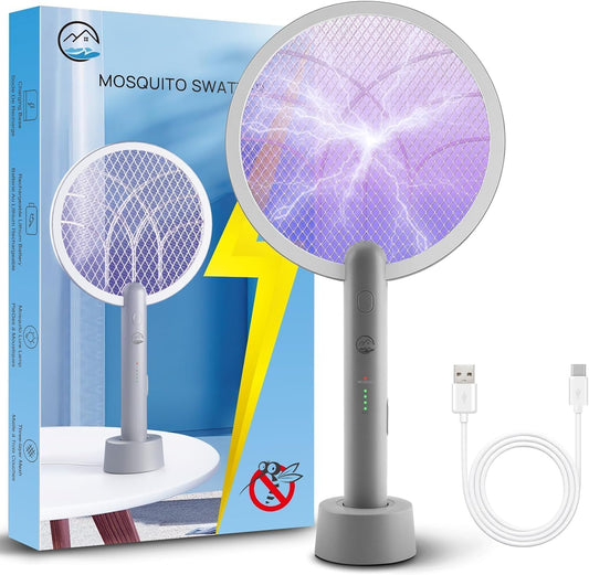 Electric Fly Swatter Racket, Mosiller 2 in 1 Bug Zapper with Type-C Rechargeable Base, 4000V Mosquito Killer with 3-Layer Safety Mesh for Pest Insect Control for Indoor、Office、Camping(Grey-1 Pack)
