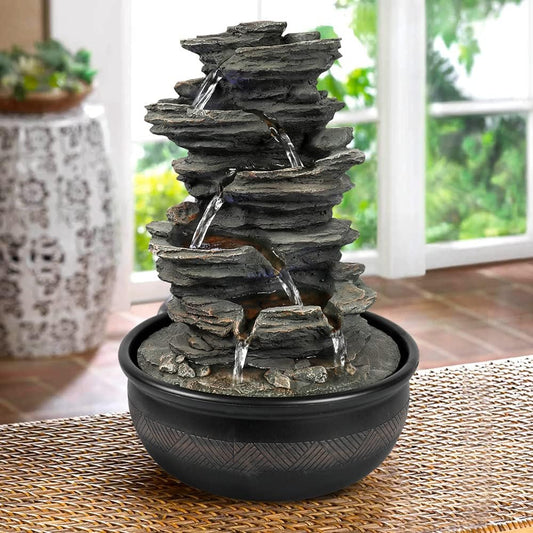 15.7” High Rock Falls Tabletop Water Fountain with LED Lights - 5-Tier Indoor Relaxation Waterfall Fountain, Small Cascading Water Feature for Home and Office Decor Gray-1