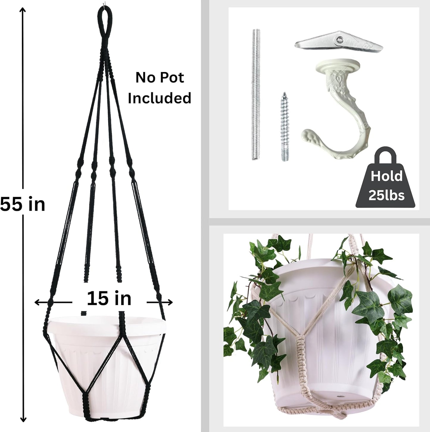Giant XXL 55 Inches Macrame Planter Hanger Large for 15 inch Pot + Swag Hook | Extra Large Hanging Planter for Indoor Plants | No Pot/Plant Included (XXL Black)