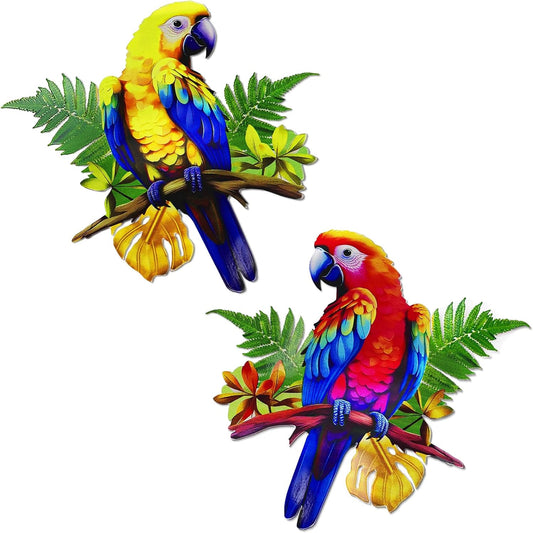 ULENDIS 2 Pack Metal Parrot Wall Decor, 11.8" Bright Color Tropical Bird Macaw Outdoor Wall Art Patio Fence Decorations, Hanging Bird Decor for Garden Yard Living Room Bedroom Balcony
