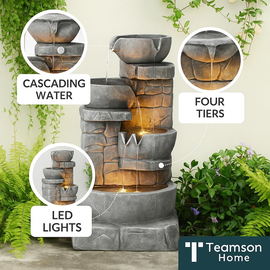 Teamson Home 33" Outdoor Water Fountain with LED Lights, 3-Tier Cascading Bowls, Weather-Resistant Resin Garden Water Feature for Patio, Lawn, and Backyard Decor – Stone Gray