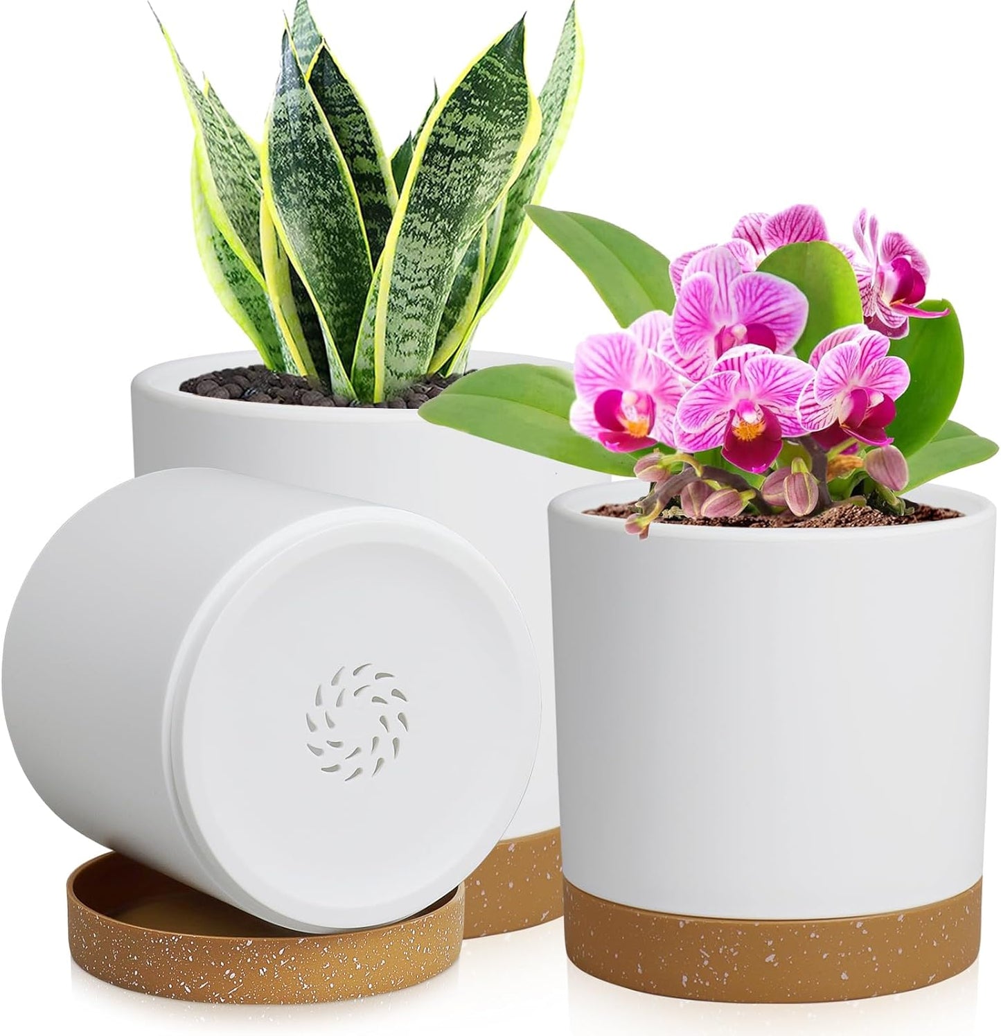 3 Pack 6/5/4 inch Cylindrical Flower Pots, Modern Small Round Plastic Plant Pots with Drainage Holes & Saucers, Clean and Refined Planter Pots for Outdoor, Indoor & Office Decor (White Brown)
