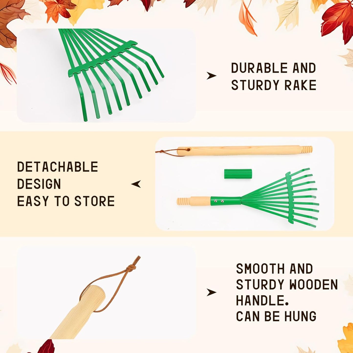 3Pcs Kids Rakes with Hardwood Handle - Metal Kids Leaves Rakes, 28" Child Size Lawn Rakes, Garden Tool Set for Kids Boys and Girls