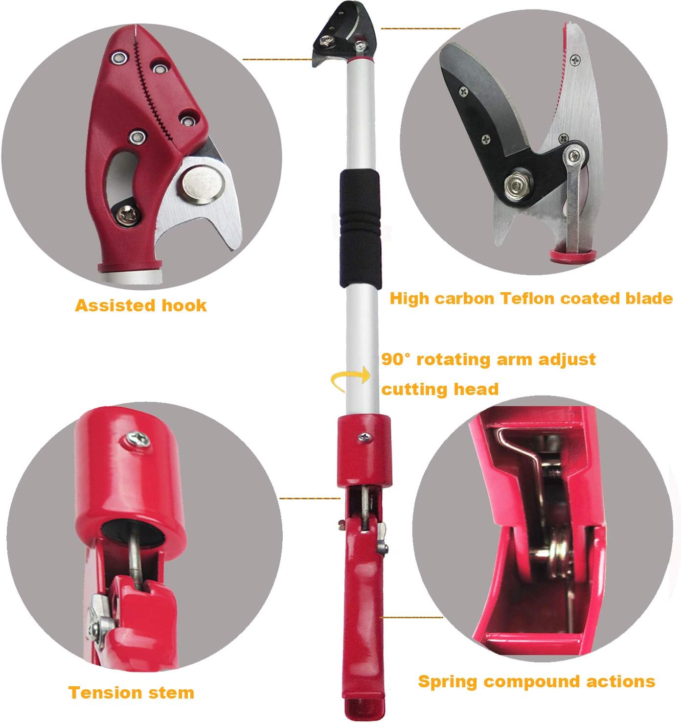 4 Feet Cut and Hold Tree Pruner, Rotation Pole Tree Trimming, Long Reach Fruit Picker, Branches Bypass Lopper