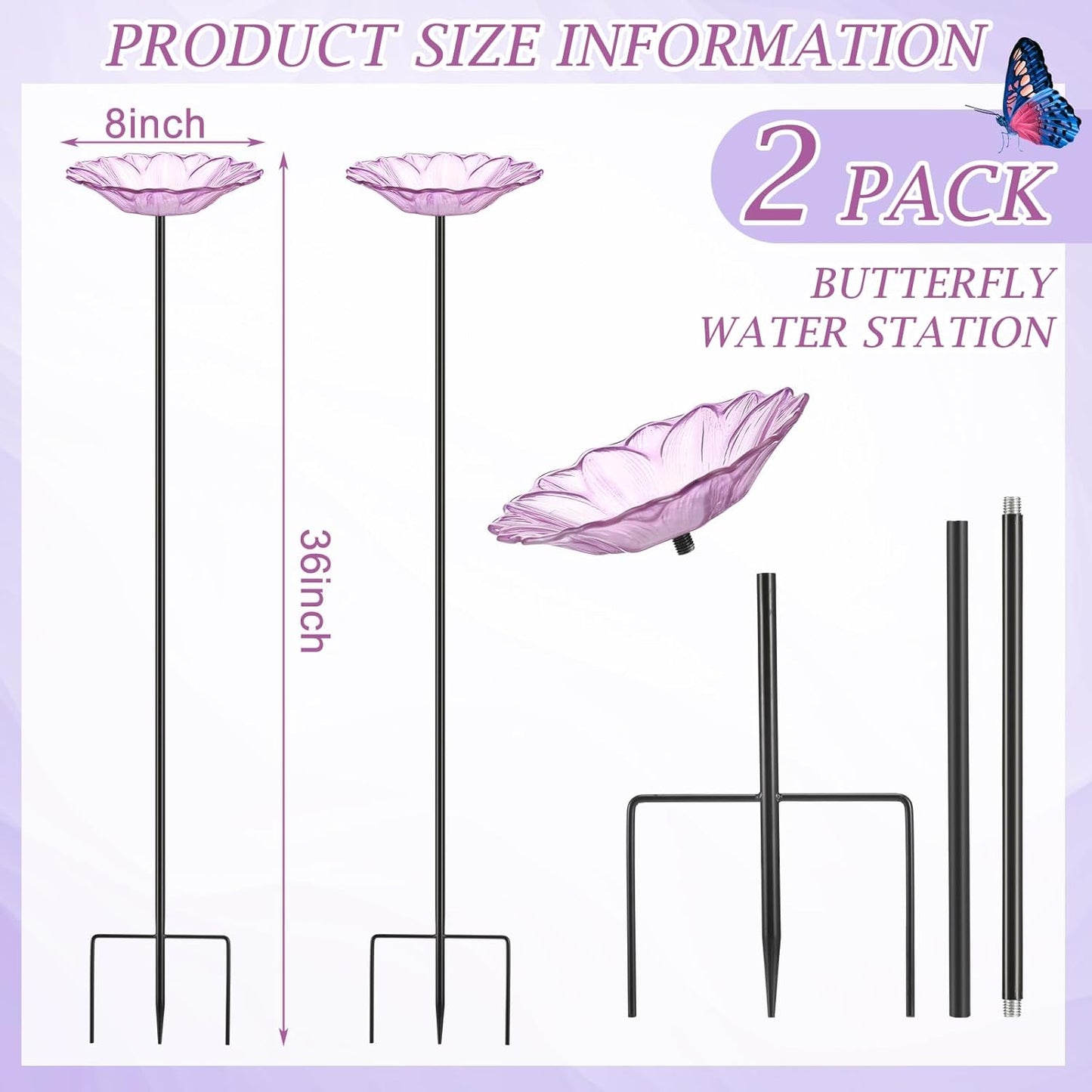 Newtay 2 Pack Butterfly Feeder Glass Flower Bee Watering Station and Bath for Outdoor Bee Feeder Butterfly Puddler Cups Backyard Garden Decoration to Attract Butterflies Bees