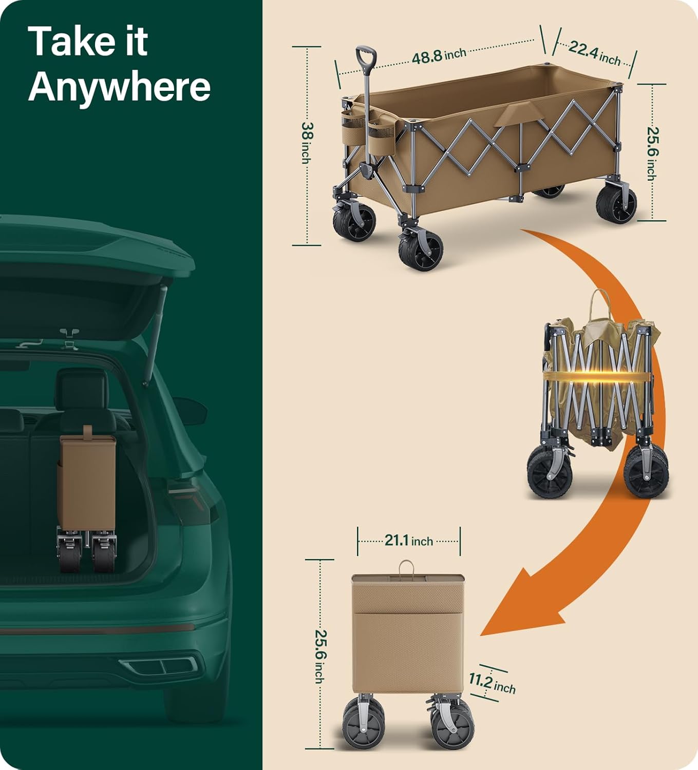 440Lbs Collapsible Wagon Cart with Big Wheels,Utility Wagons with Weight Capacity,Heavy Duty Wagon with Excellent Steering,Ideal for Camping,Gargen,Transport,Outdoor Sports