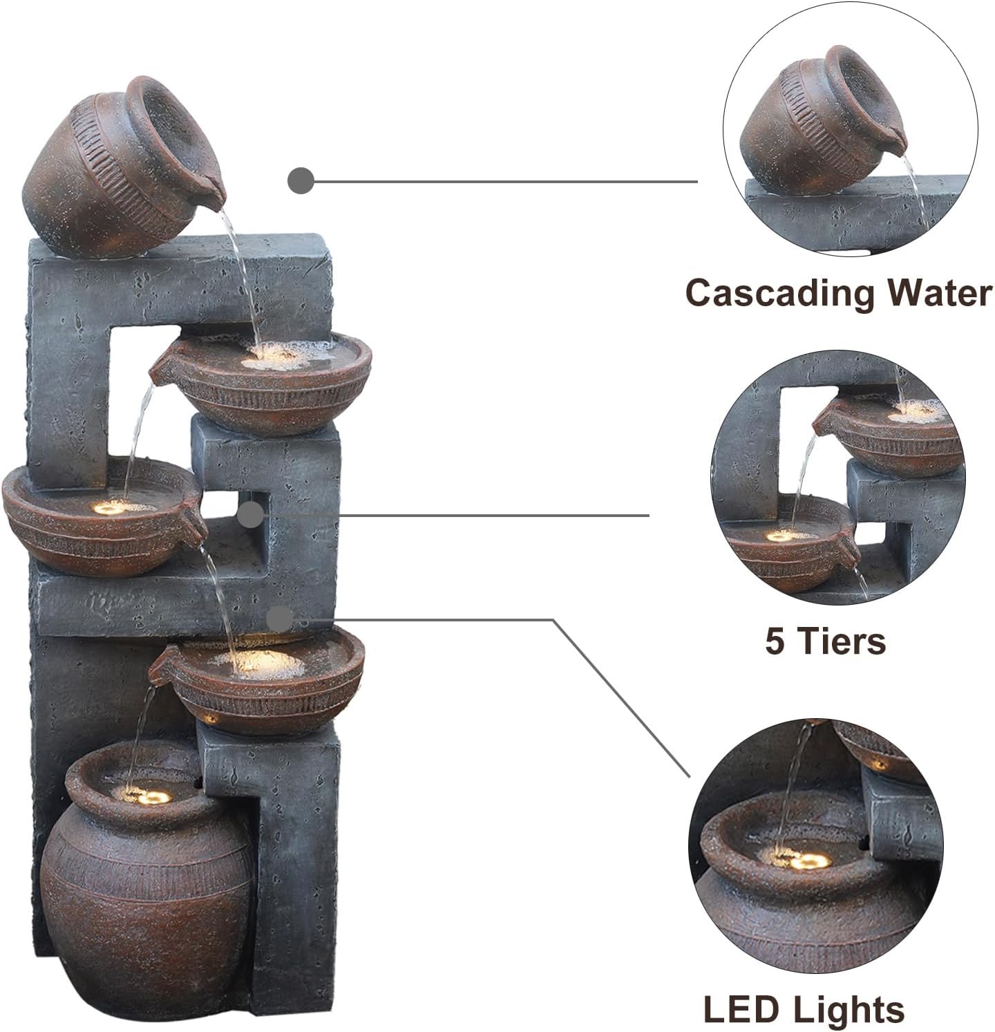 33.8" H Water Fountain Outdoor with LED Lights & Pump, 5-Tier Cascading Outdoor Fountain for Garden,Patio,Porch,Backyard,Home Art Decor (Brown)
