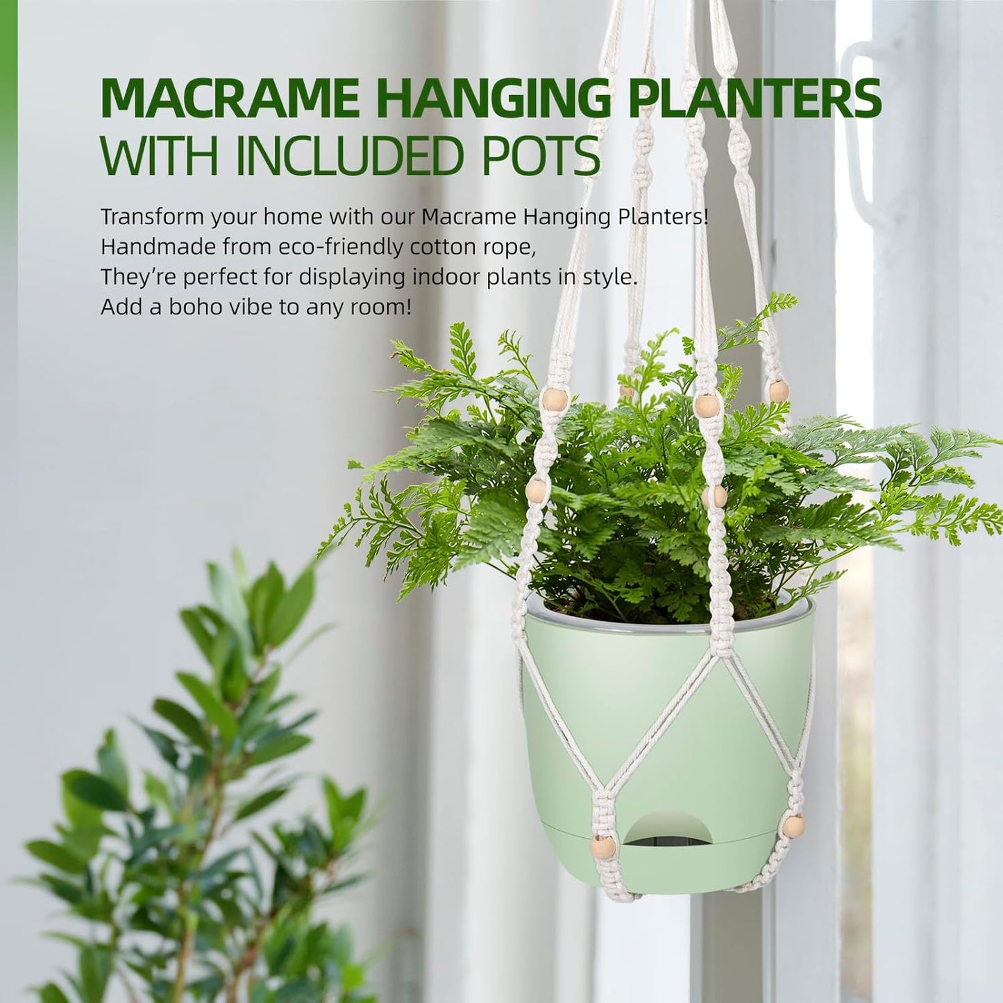 2-Pack 7..1-Inch Self-Watering Hanging Planters for Indoor & Outdoor Plants,34Inch Macrame Hanger Plant Pots Indoor with Drainage,Small Hanging Planters & Baskets,With Two Sets of Hooks（Pure green）
