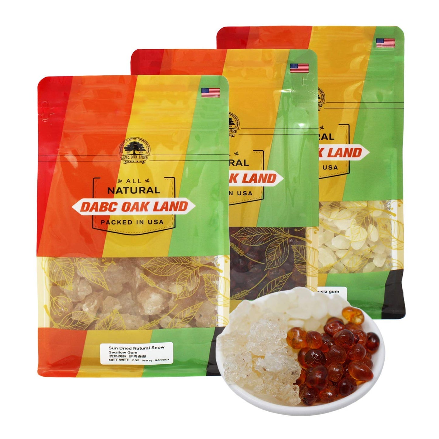 DABC OAK LAND Wild Peach Gum, Snow Swallow, Snow Lotus Seed (Saponified Rice) Beauty, Detox and Dampness Set, 100% Natural Boosting for Skin & Health, Food Additives Free 8OZ each bag, total 24 OZ