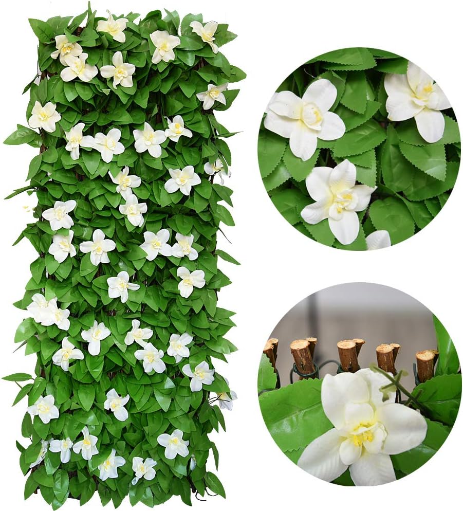 Expandable Faux Ivy Fence,Artificial Privacy Screen Decor for Outdoor Wall, Balcony and Patio, Single Sided Leaves (2,White Flower)