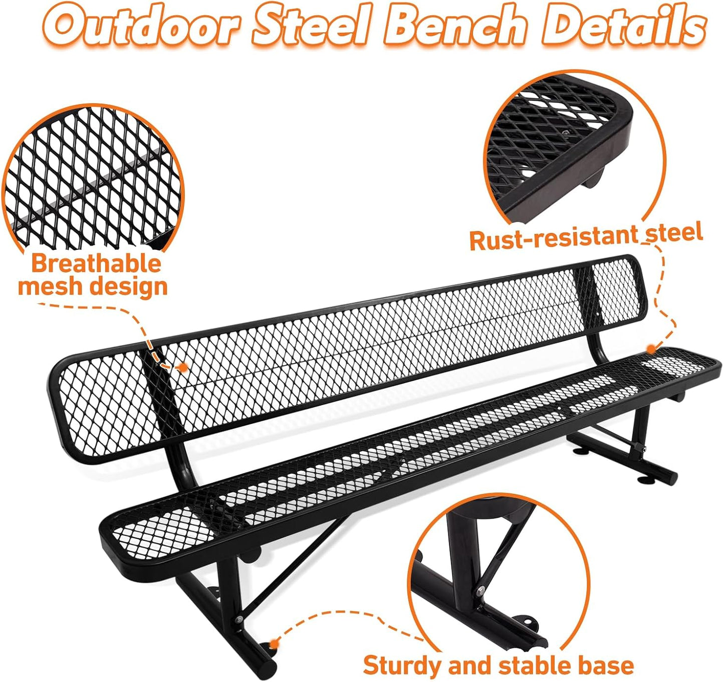 Outdoor Garden Bench, Cast Iron Metal Frame Patio Park Bench with Backrest, Portable Expanded Metal Black Bench, Commercial-Grade Outdoor Seating for Lawn, Patio, Park, Yard, Garden (Black, 8FT/96'')