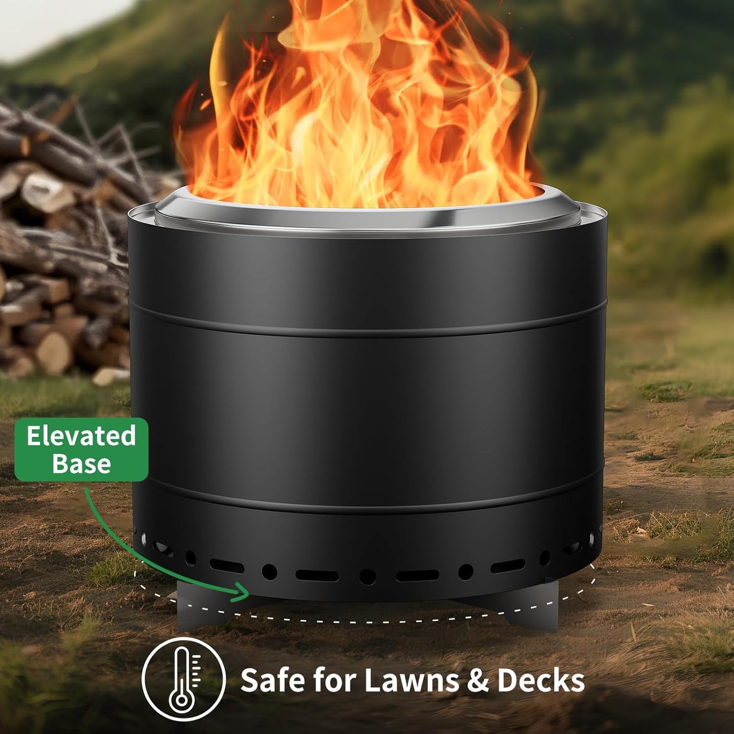 19.5 inch Smokeless Fire Pit with Carry Bag, Stainless Steel Outdoor Smokeless Firepit, Wood Burning Fire Pits for Camping, Bonfire,Low Smoke Firepit for Outside(Black)