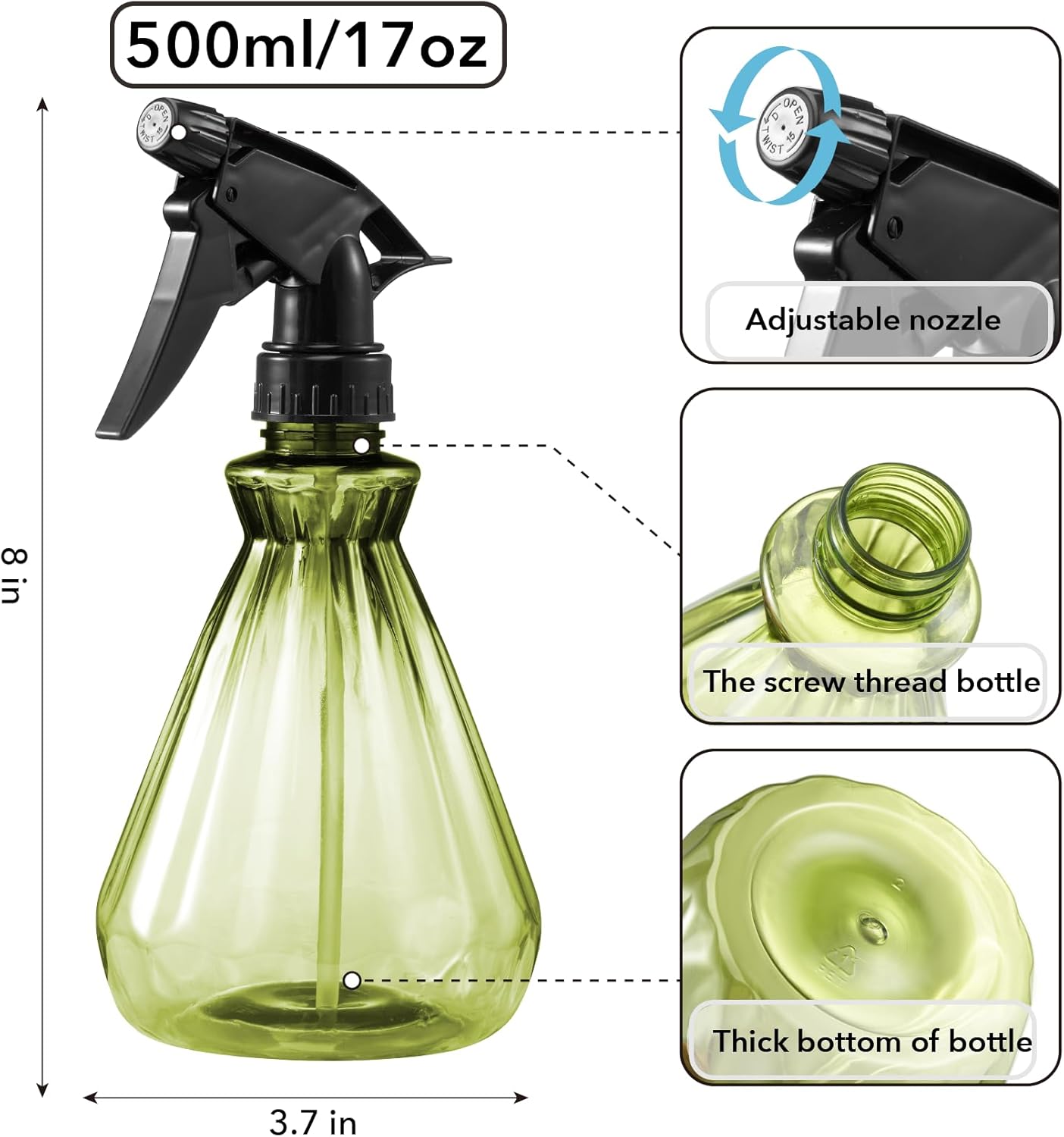 Hair Spray Bottles 17 oz (2 Pack) - Leak Proof, Adjustable Nozzle, Ultra Fine Continuous Water Mister for Hairstyling, Cleaning, Plants, Misting & Pet training