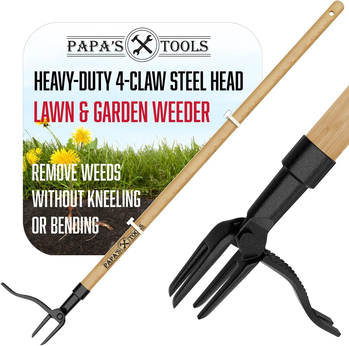 Papa's Tools Weeder - Stand Up Weed Puller Tool Made with Long Wooden Handle - Real Bamboo & 4-Claw Steel Head - Easily Remove Weeds Effortlessly Without The Need to Tug, Bend, Or Flex,