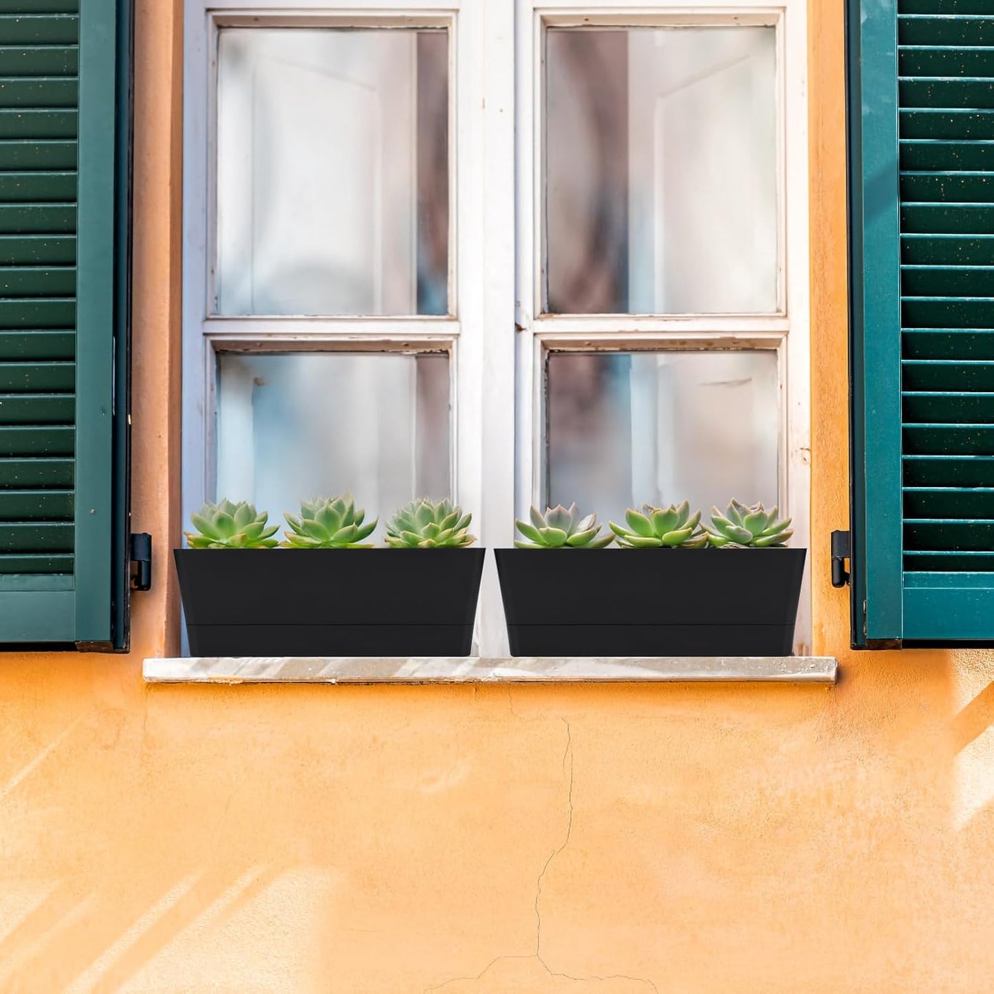 GREANER 12x3.8 Inch Herb Planters, 1 Pack Rectangle Window Boxes with Tray, Indoor Succulent Cactus Mint Plastic Pot for Windowsill, Balcony, Office, Outdoor Garden - Black