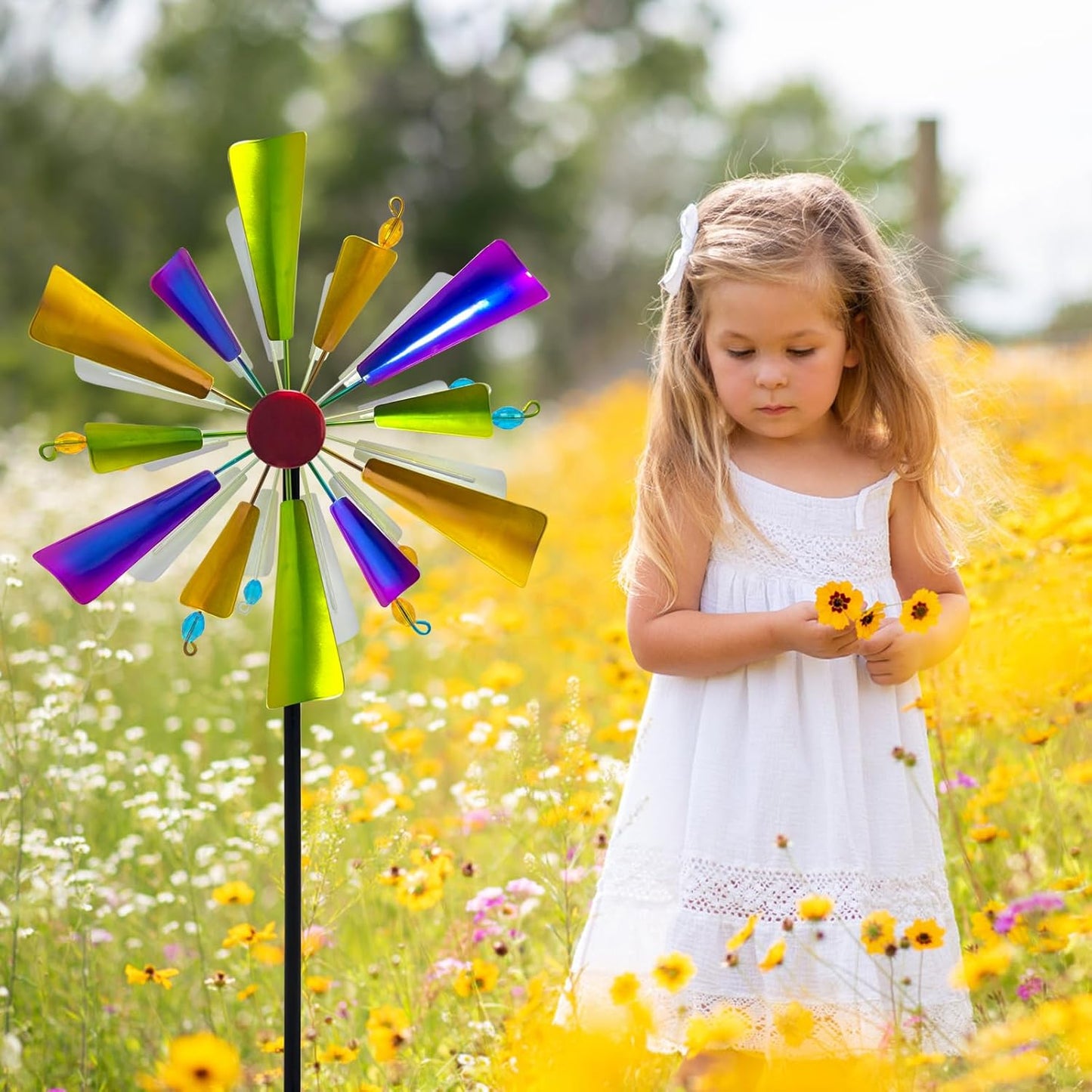 45" Rainbow Wind Spinners for Yard and Garden, Double Layered Metal Kinetic Wind Spinner Outdoor Decor, Wind Sculpture Yard Art Decorations for Patio, Lawn & Garden