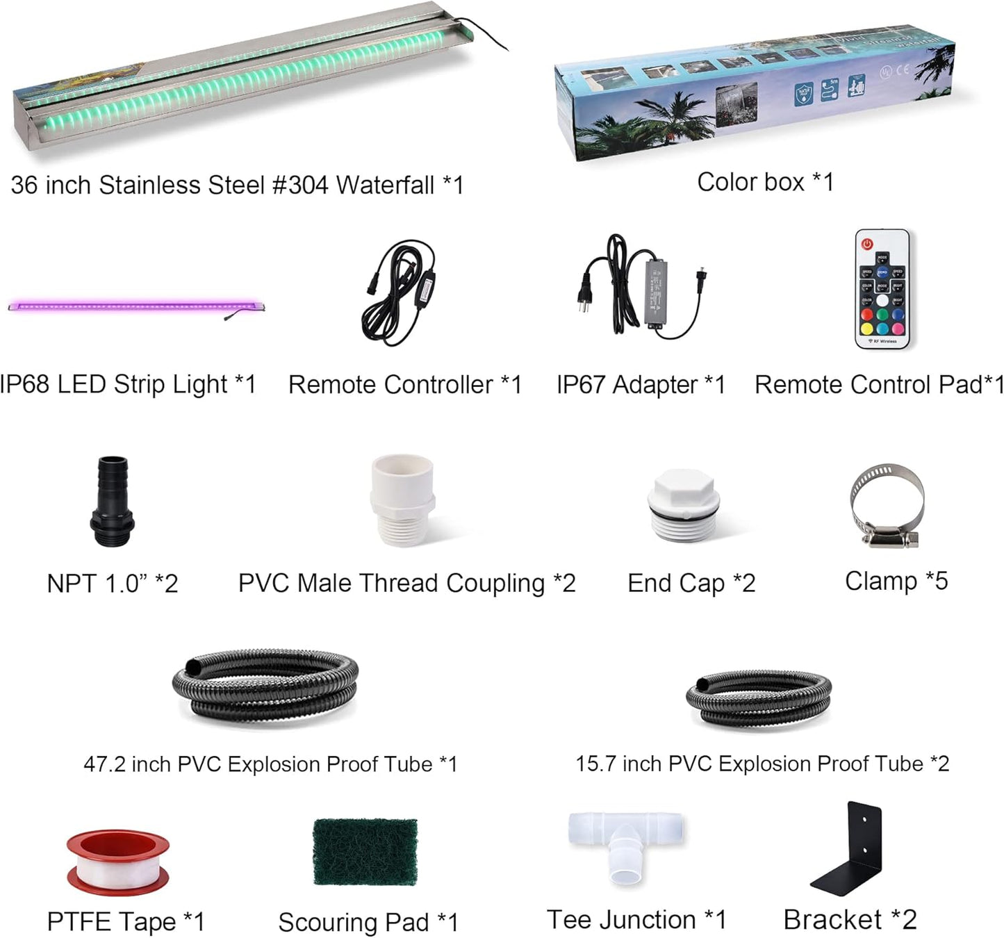 YUDA 36" Stainless Steel Waterfall Pool Fountain with SMD LED 7 Color Changing and Remote, Lighted Waterfall Spillway for Sheer Descent Garden Outdoor