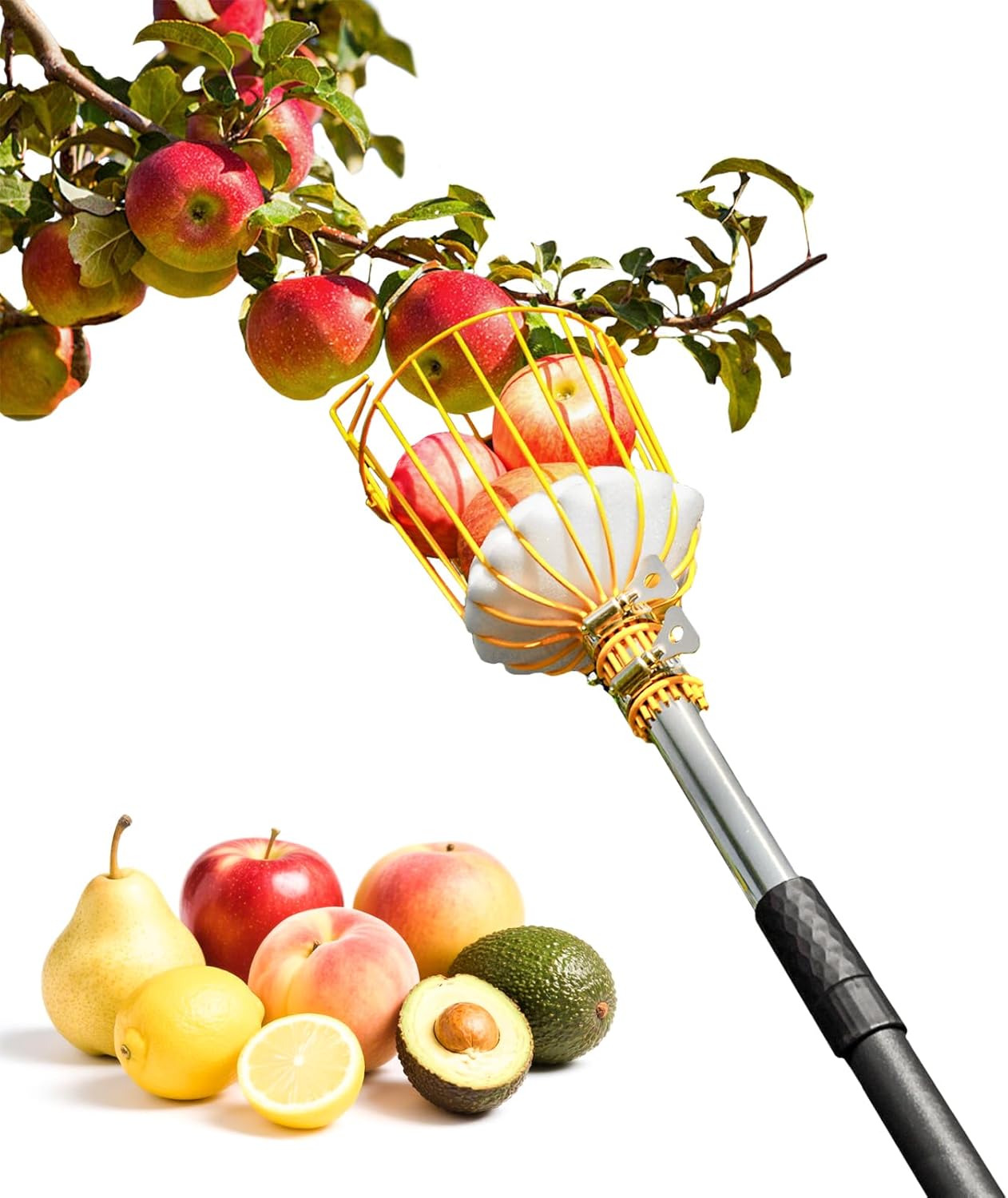 9FT Fruit Picker, Apple Picker Tool with Adjustable Pole and Basket, Long Reach Mango Grabber Tool, Tree Fruit Catcher for Picking Lemon Pear Orange Avocado Peach Citrus