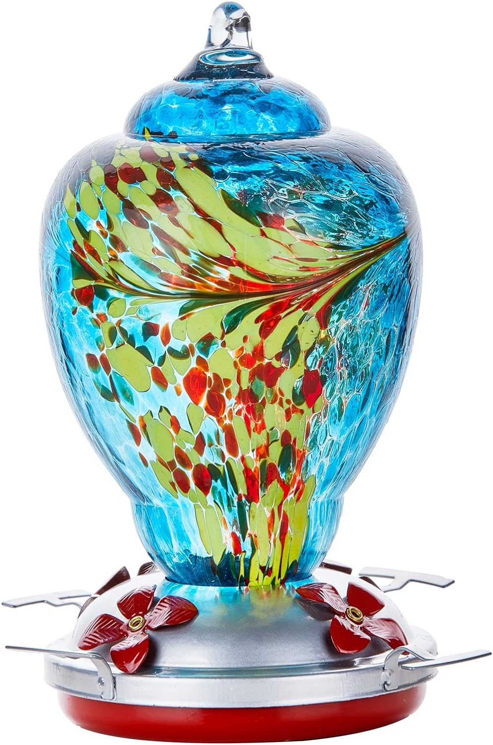 WOSIBO Hummingbird Feeder for Outdoors Patio Large 32 Ounces Colorful Hand Blown Glass Hummingbird Feeder with Ant Moat Hanging Hook, Rope, Brush and Service Card (Blue)