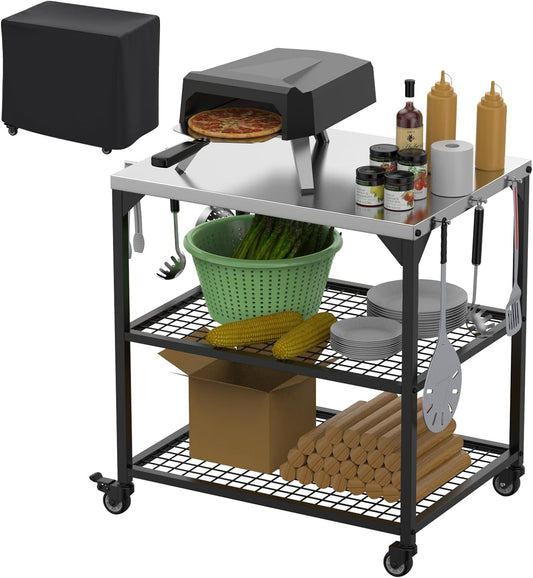 Outdoor Grill Cart 31x24x35 Pizza Oven Table for Ooni Blackstone Ninja Woodfire Flat-top Grills Stainless Steel Trolley Three-Shelf Movable Food Prep and Work Stand Table with Waterproof Cover