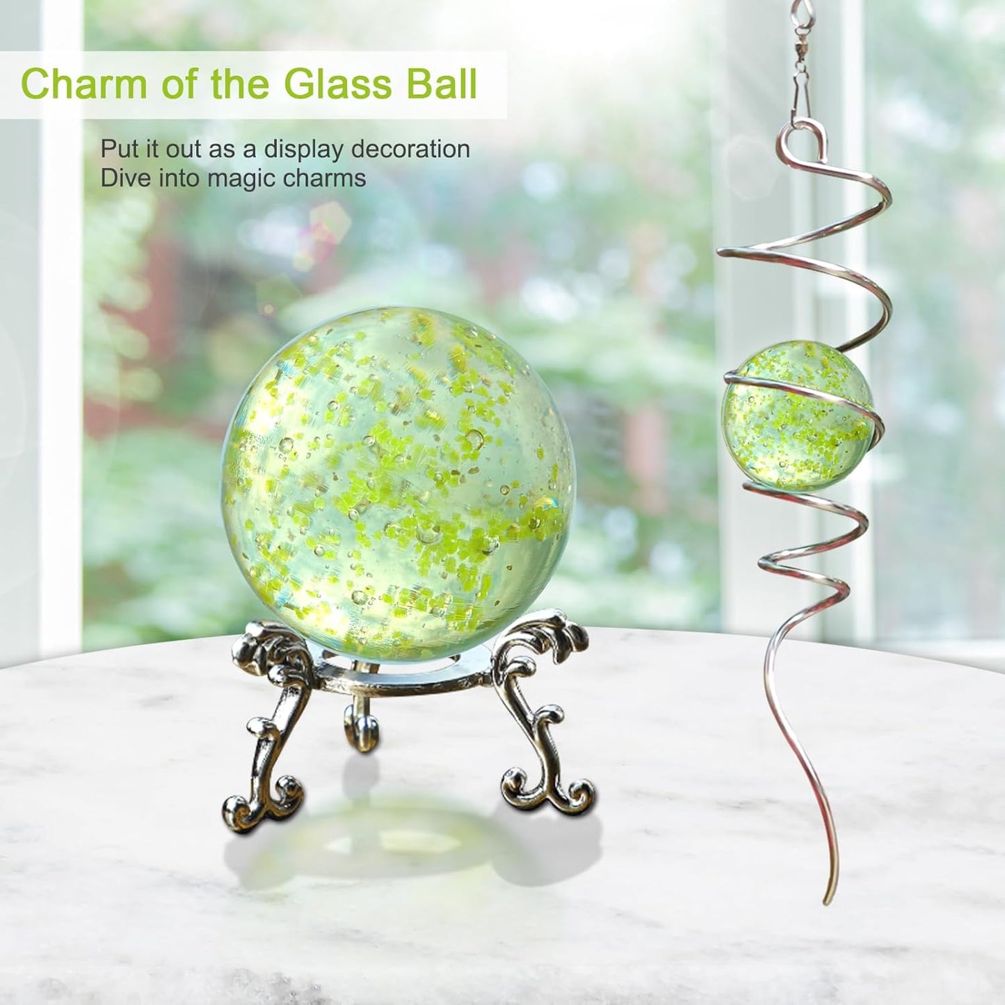 Glow in The Dark Gazing Ball Spiral, Wind Spinner Tail, Wind Spinners Stabilizer, Hanging Outdoor Decor for Garden Yard Art Decor Christmas Ornament Sun Catcher Rainbow Maker 13in Height